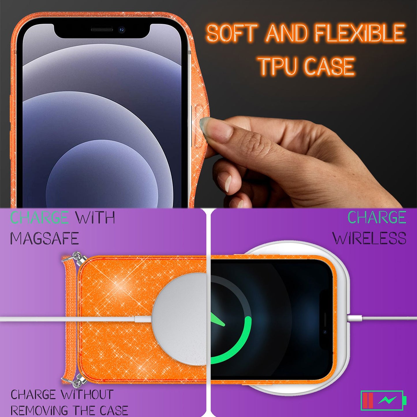 NALIA Glitrandi hulstur með keðju fyrir iPhone 12 mini, Glitrandi hulstur með snúru og Bling-hulstri