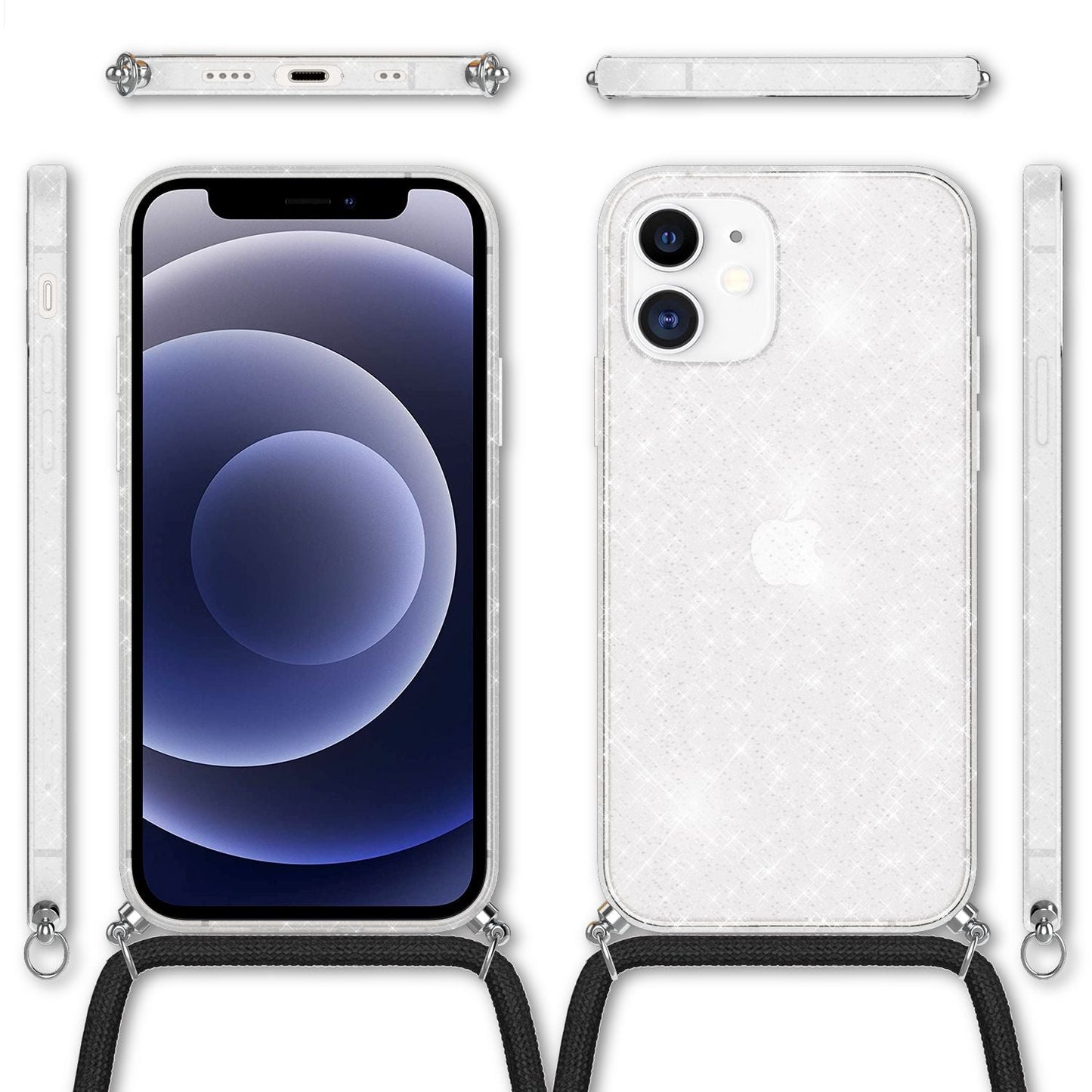 NALIA Glitrandi hulstur með keðju fyrir iPhone 12 mini, Glitrandi hulstur með snúru og Bling-hulstri