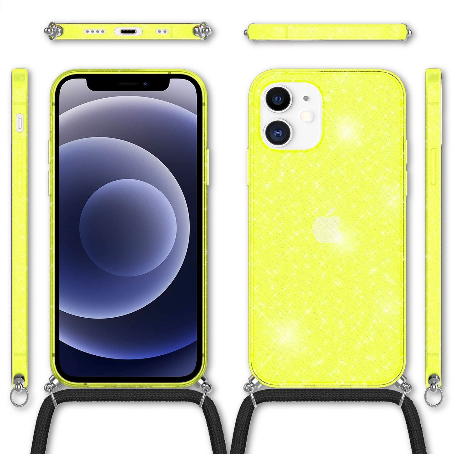 NALIA Glitrandi hulstur með keðju fyrir iPhone 12 mini, Glitrandi hulstur með snúru og Bling-hulstri