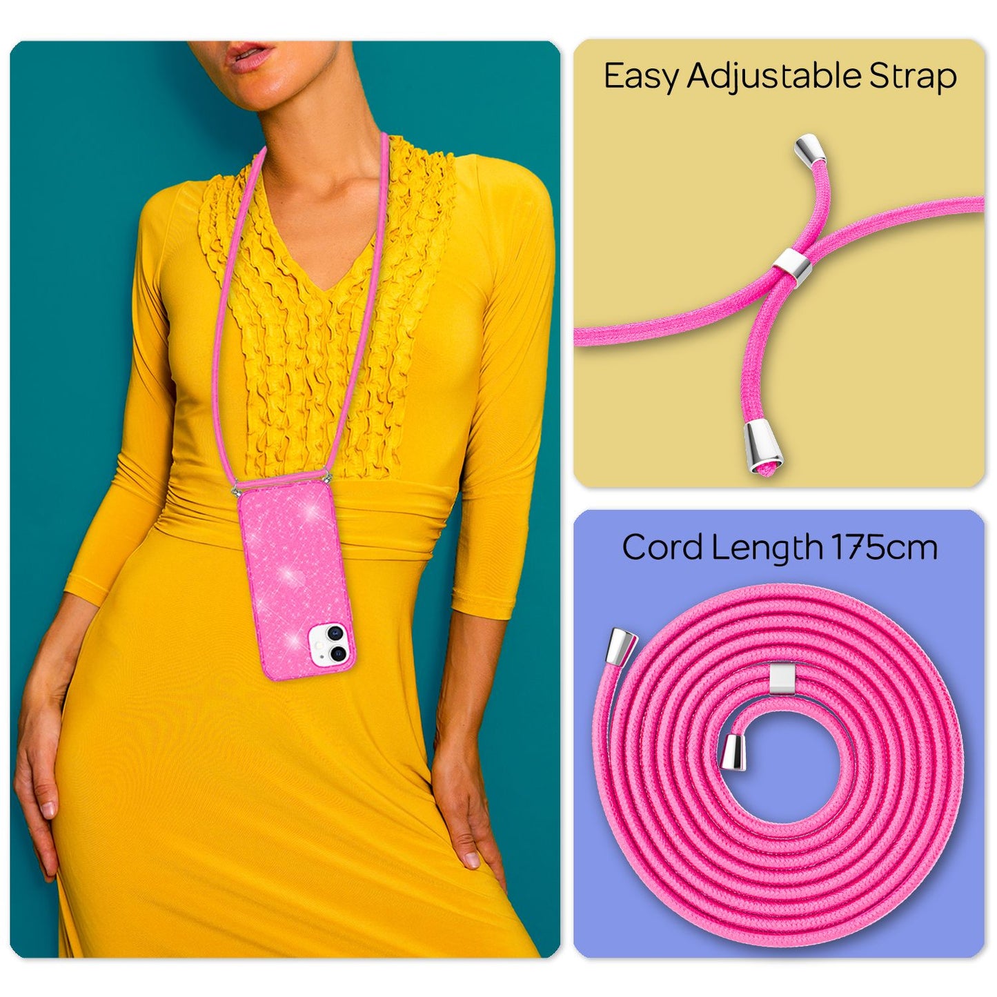 NALIA glitrandi hulstur með keðju fyrir iPhone 12 / 12 Pro, glitrandi hulstur með snúru