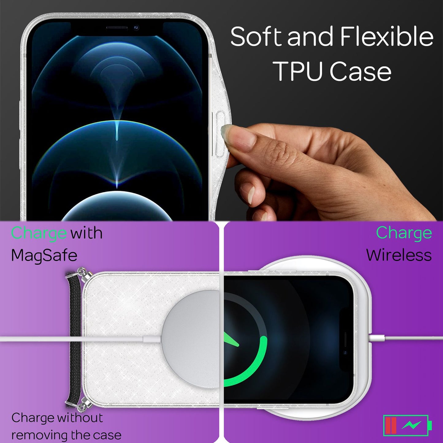 NALIA glitrandi hulstur með keðju fyrir iPhone 12 / 12 Pro, glitrandi hulstur með snúru