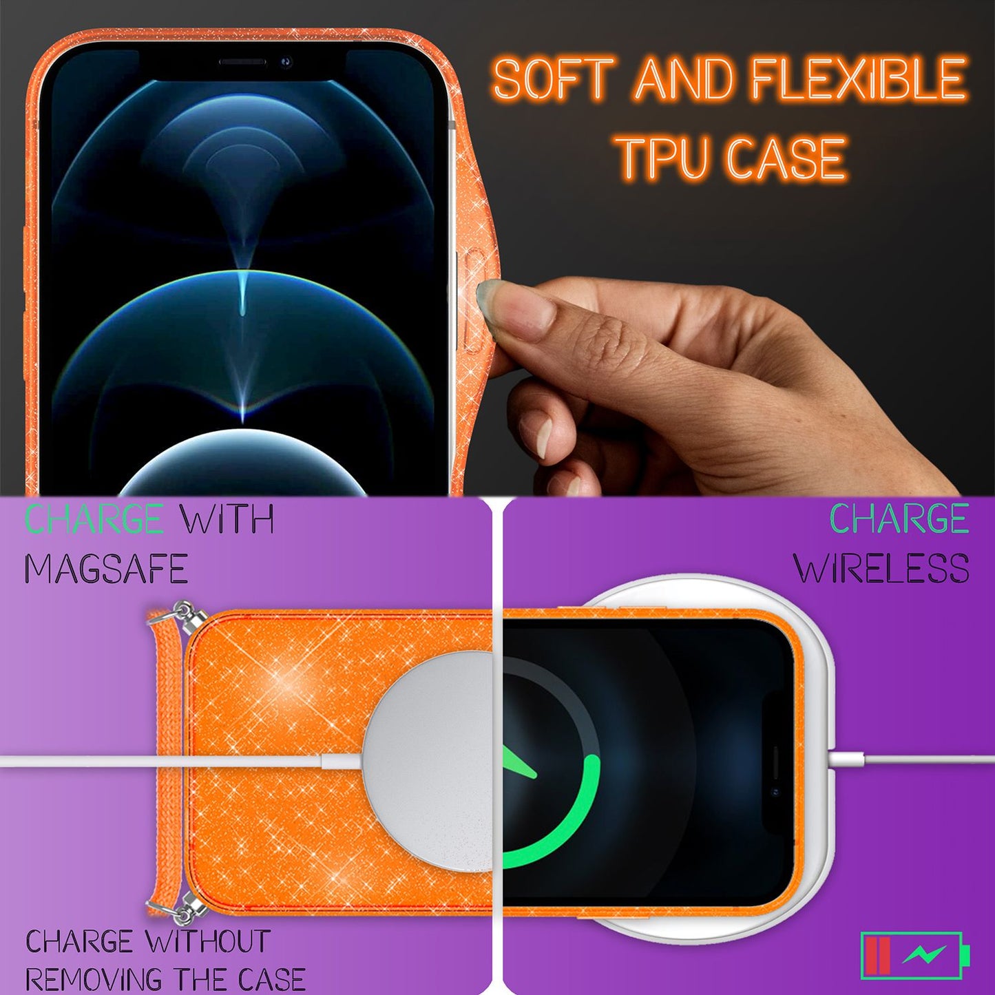 NALIA glitrandi hulstur með keðju fyrir iPhone 12 / 12 Pro, glitrandi hulstur með snúru