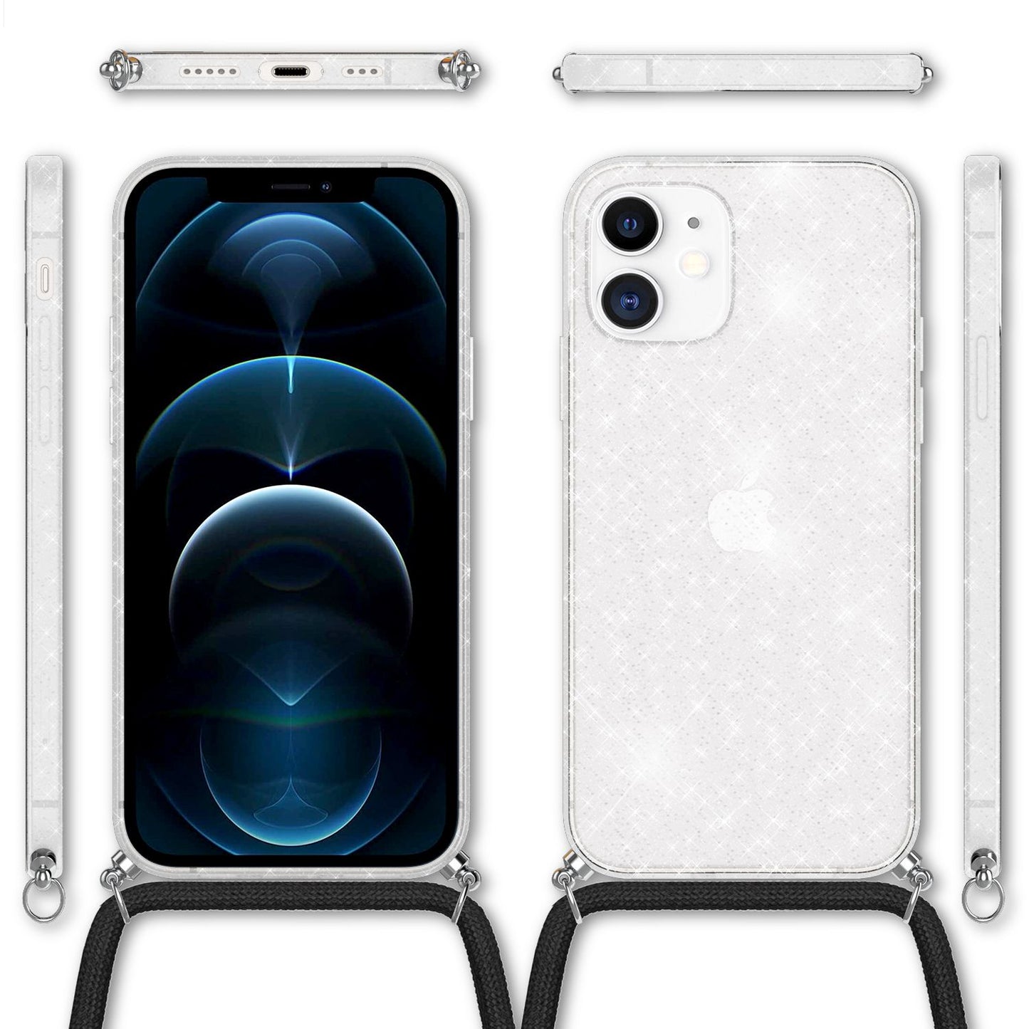 NALIA glitrandi hulstur með keðju fyrir iPhone 12 / 12 Pro, glitrandi hulstur með snúru