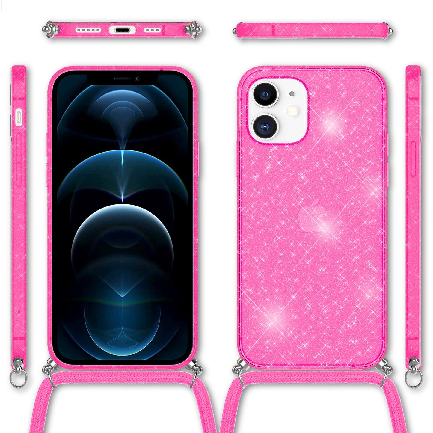 NALIA glitrandi hulstur með keðju fyrir iPhone 12 / 12 Pro, glitrandi hulstur með snúru