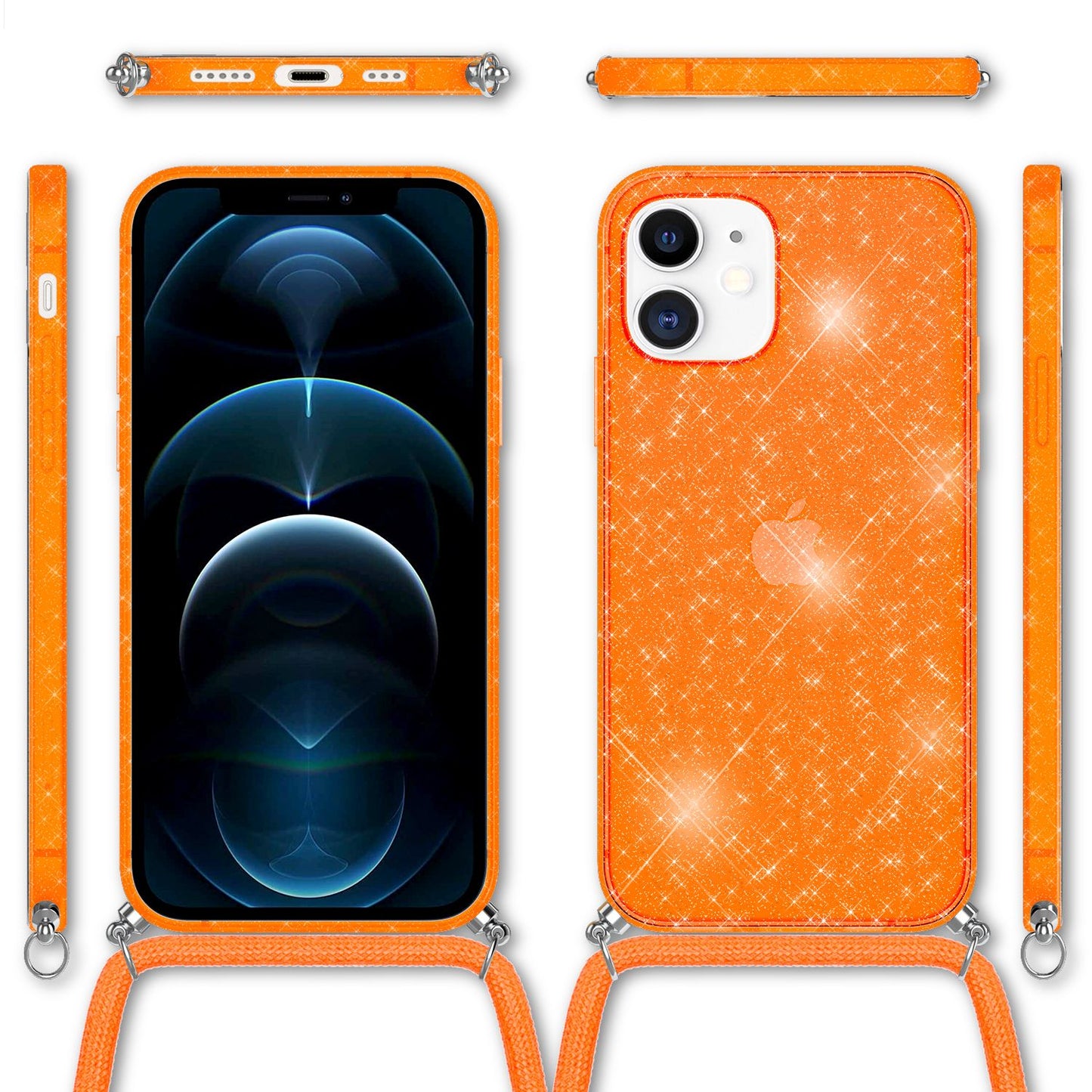 NALIA glitrandi hulstur með keðju fyrir iPhone 12 / 12 Pro, glitrandi hulstur með snúru