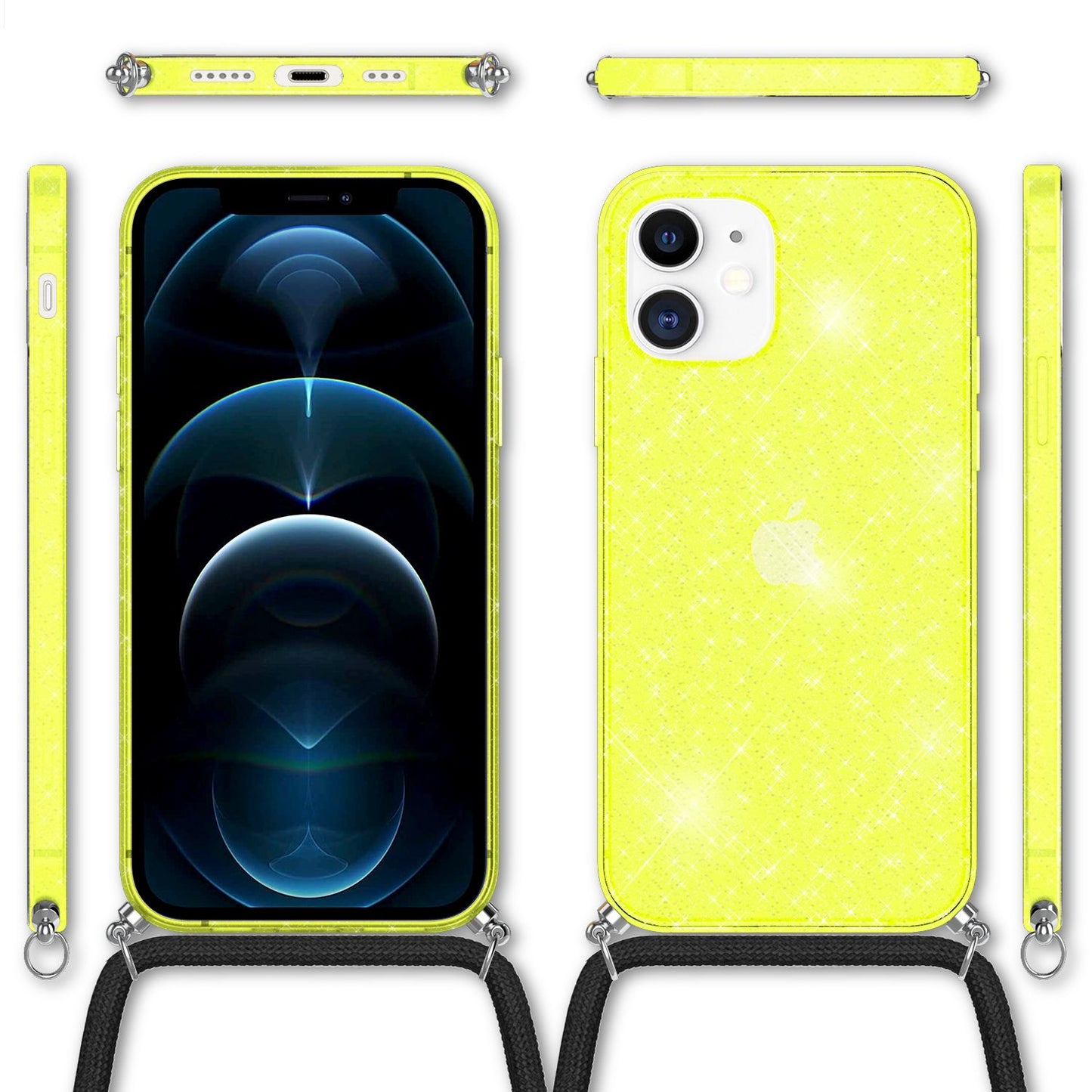 NALIA glitrandi hulstur með keðju fyrir iPhone 12 / 12 Pro, glitrandi hulstur með snúru