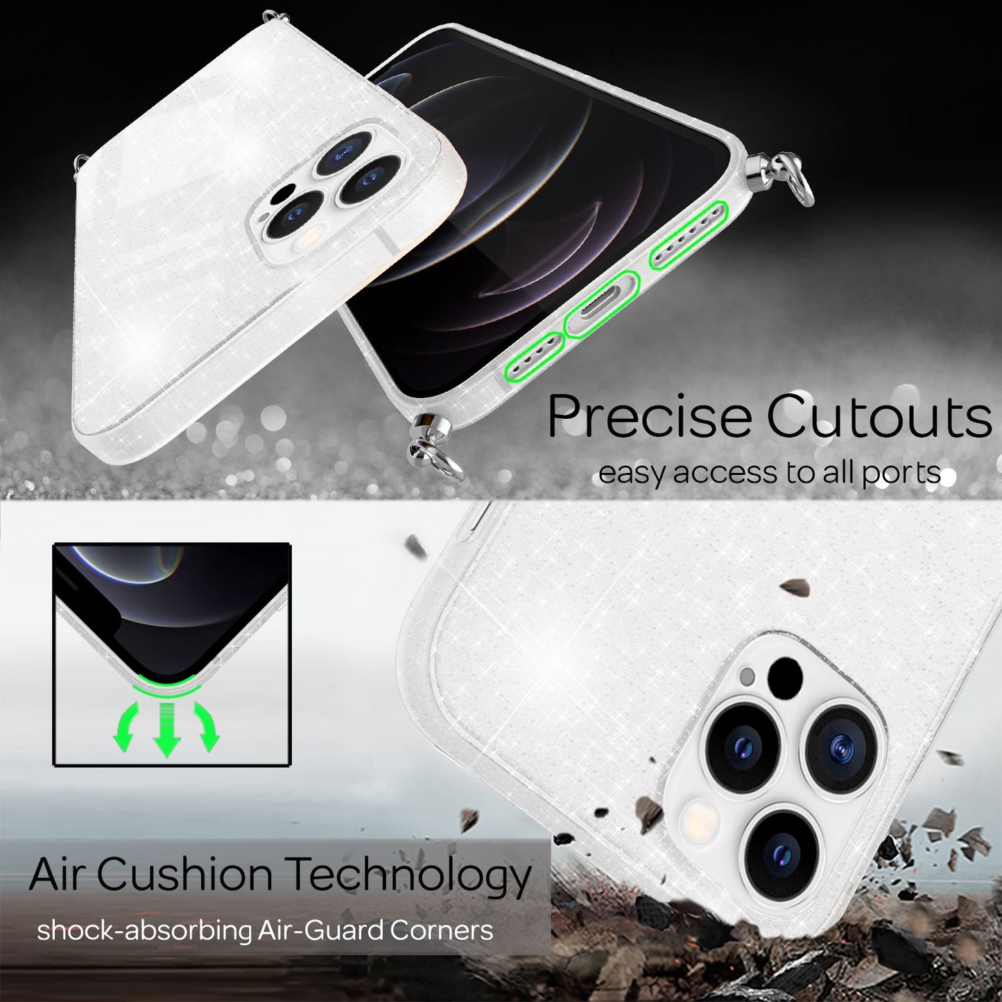 NALIA Glitter Case with Chain for iPhone 12 Pro Max, Glitter Case Cord Cover