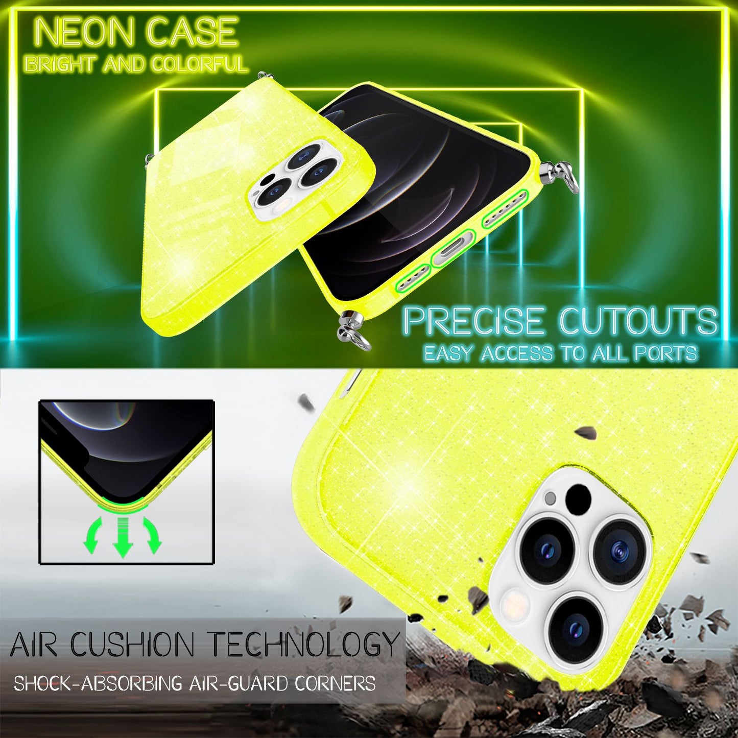 NALIA Glitter Case with Chain for iPhone 12 Pro Max, Glitter Case Cord Cover