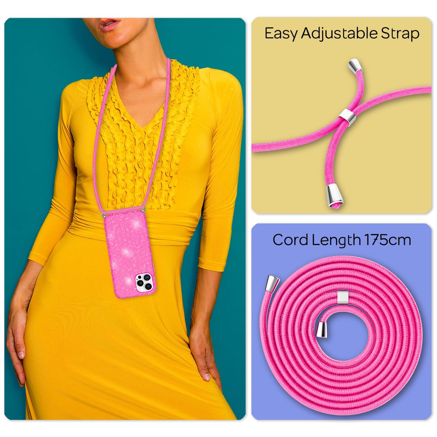 NALIA Glitter Case with Chain for iPhone 12 Pro Max, Glitter Case Cord Cover