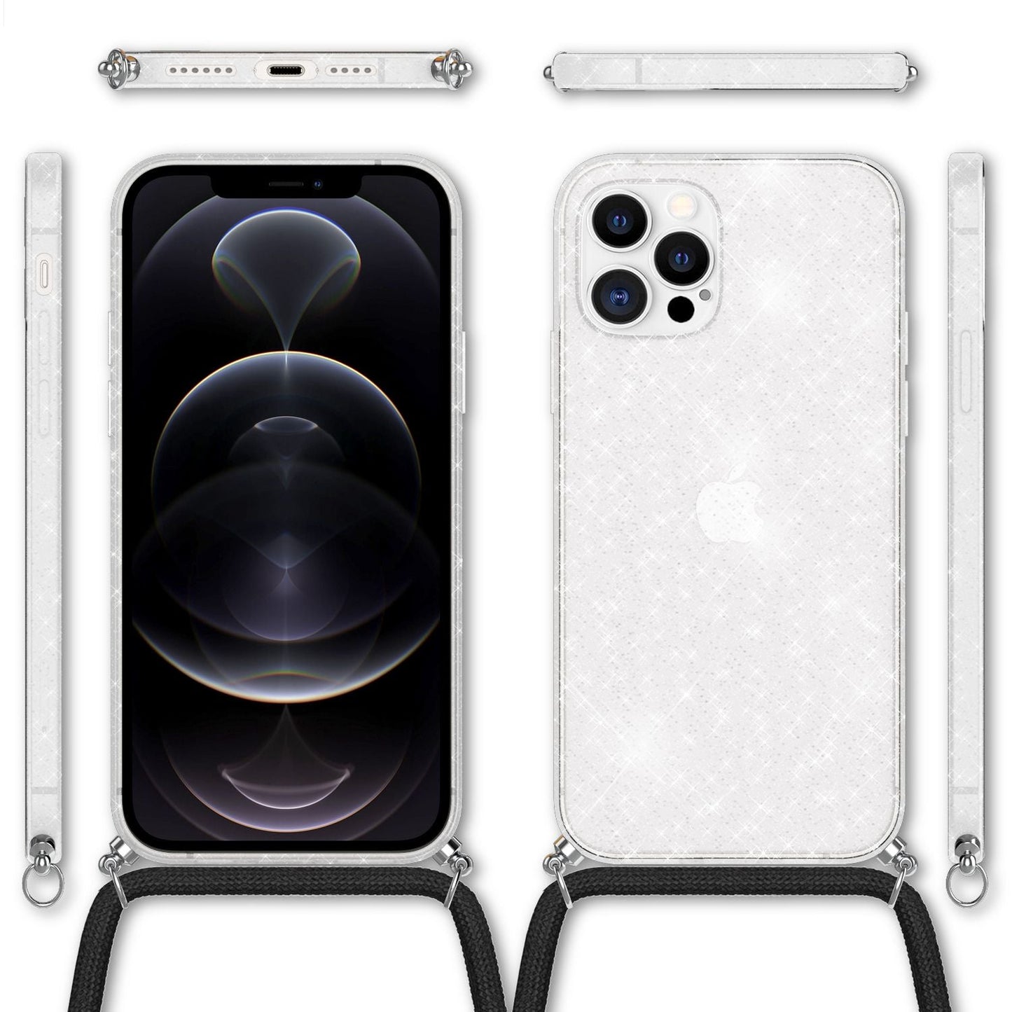 NALIA Glitter Case with Chain for iPhone 12 Pro Max, Glitter Case Cord Cover