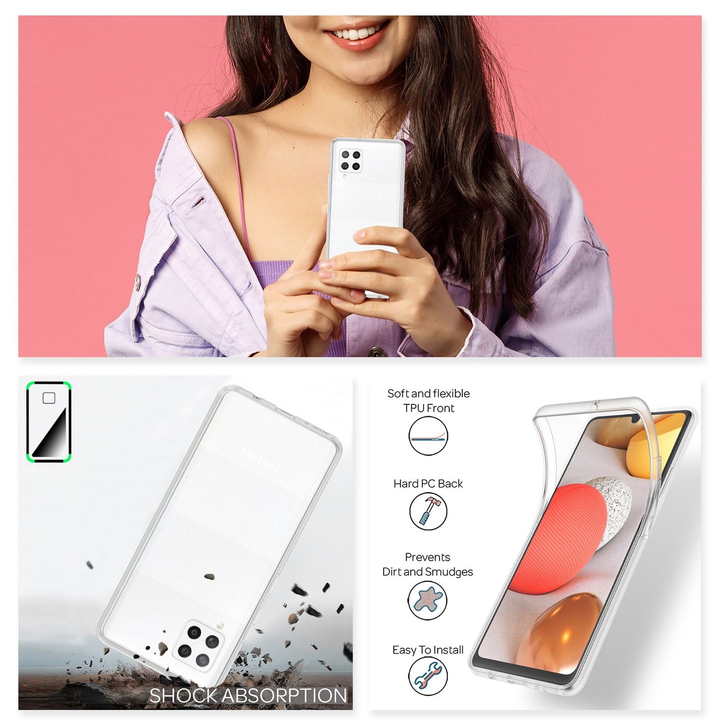 NALIA 360 gráðu símahulstur fyrir Samsung Galaxy A42 5G, gegnsætt hulstur