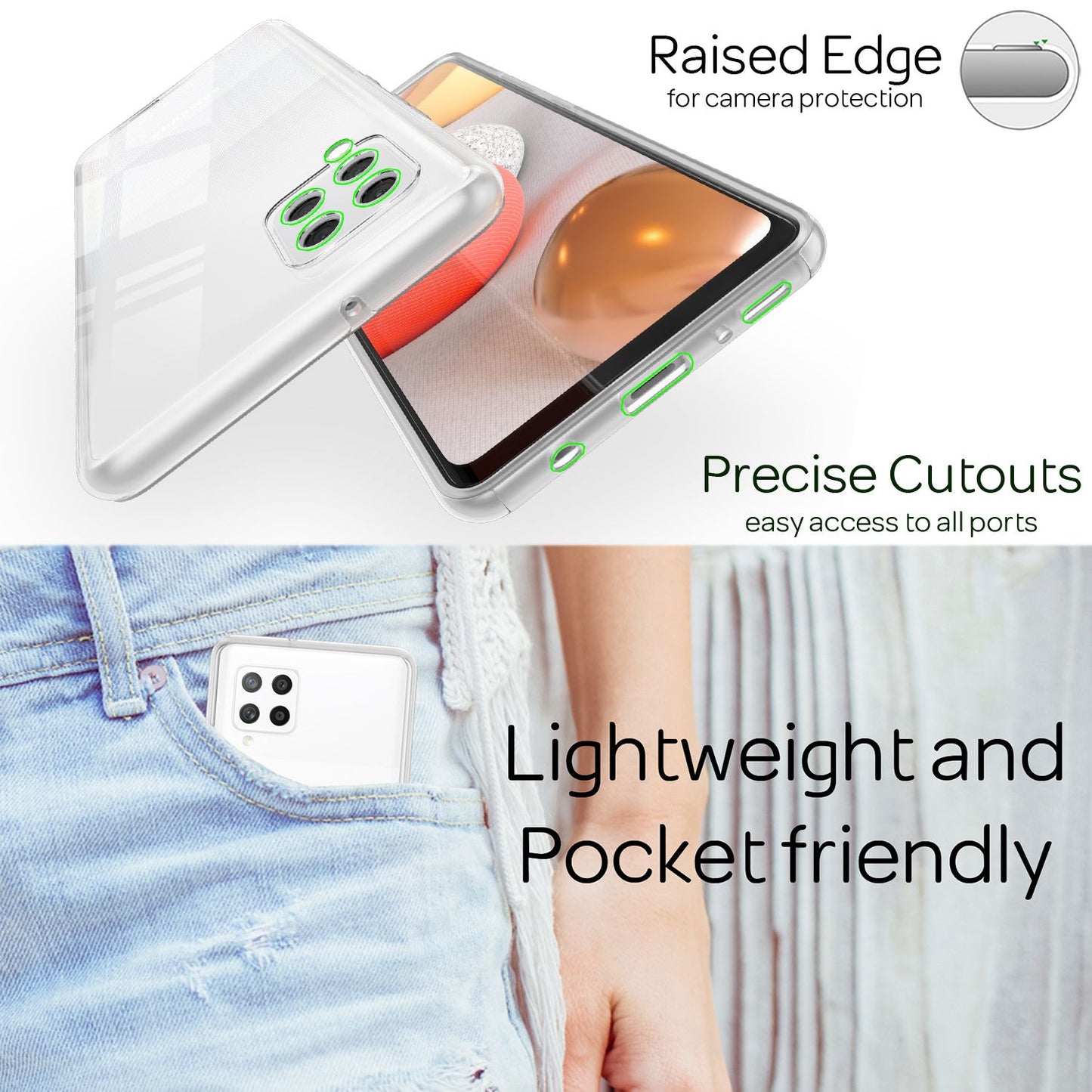 NALIA 360 gráðu símahulstur fyrir Samsung Galaxy A42 5G, gegnsætt hulstur