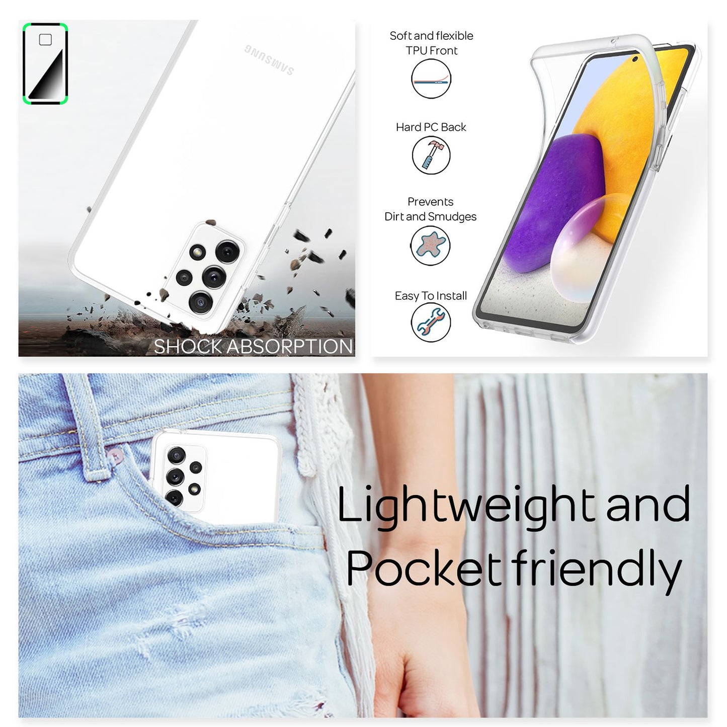 NALIA 360 Grad Handy Hülle für Samsung Galaxy A72, Transparent Full Cover Case