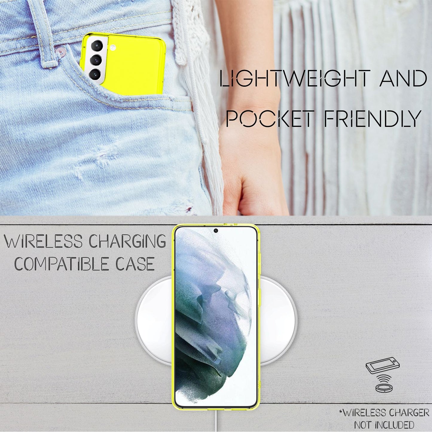 NALIA Neon Phone Case for Samsung Galaxy S21, Transparent Silicone Case Cover