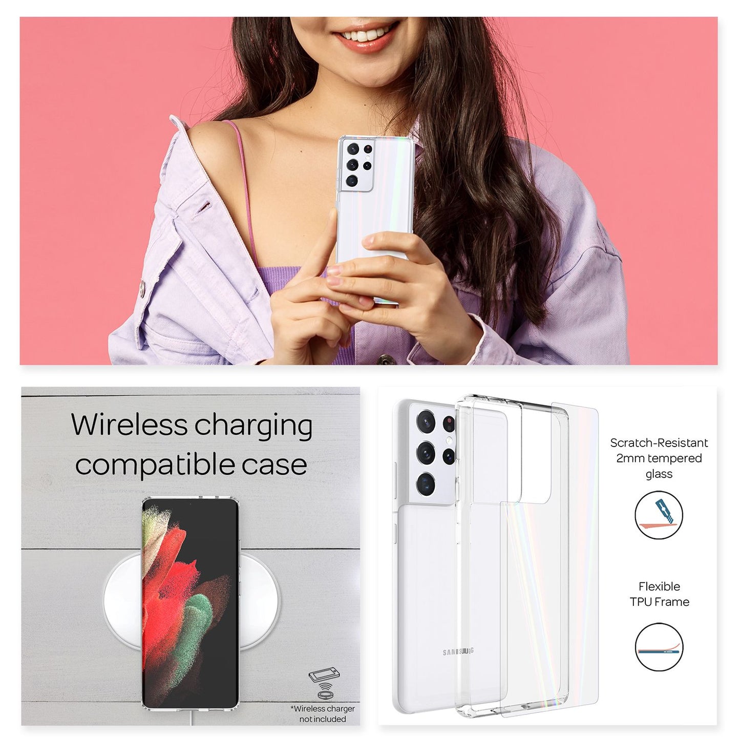 NALIA glerhulstur fyrir Samsung Galaxy S21 Ultra, gegnsætt regnbogahlíf