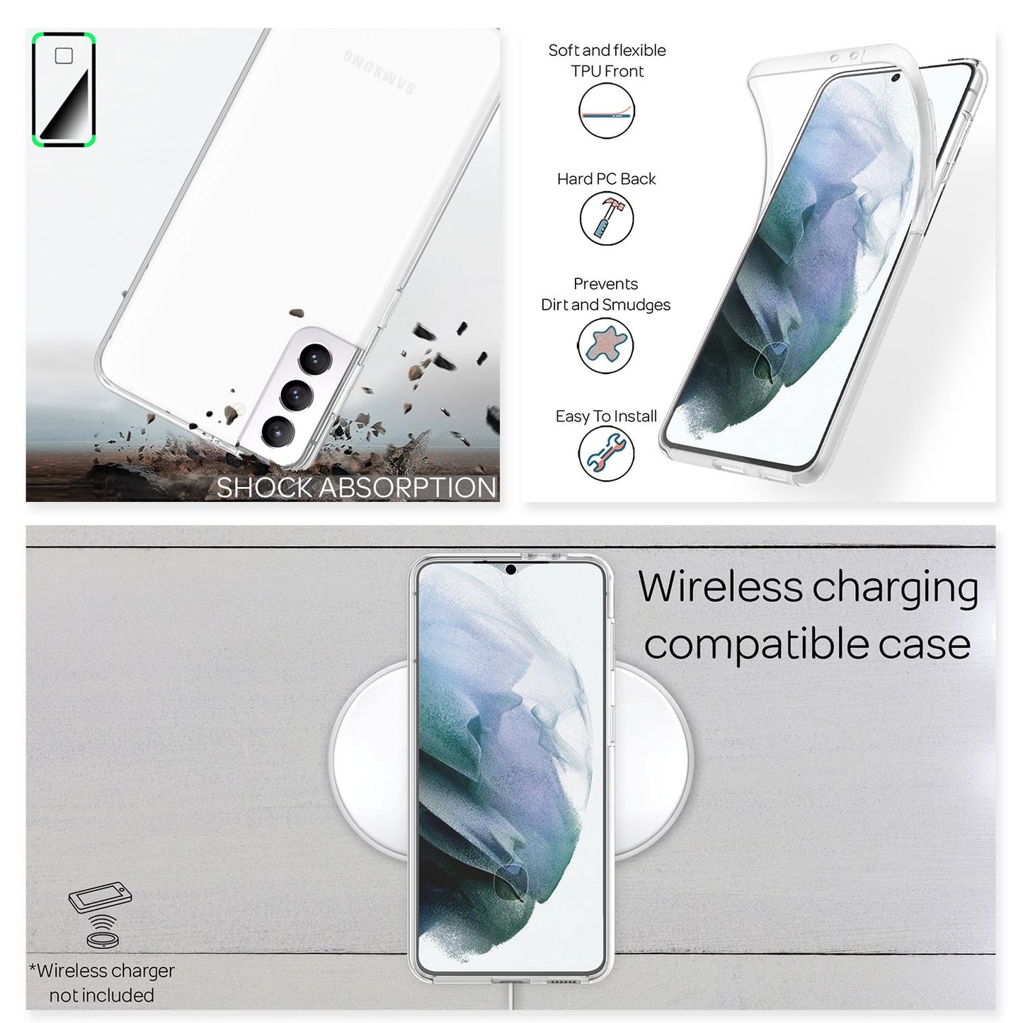 NALIA 360 Degree Phone Case for Samsung Galaxy S21, Transparent Cover Case
