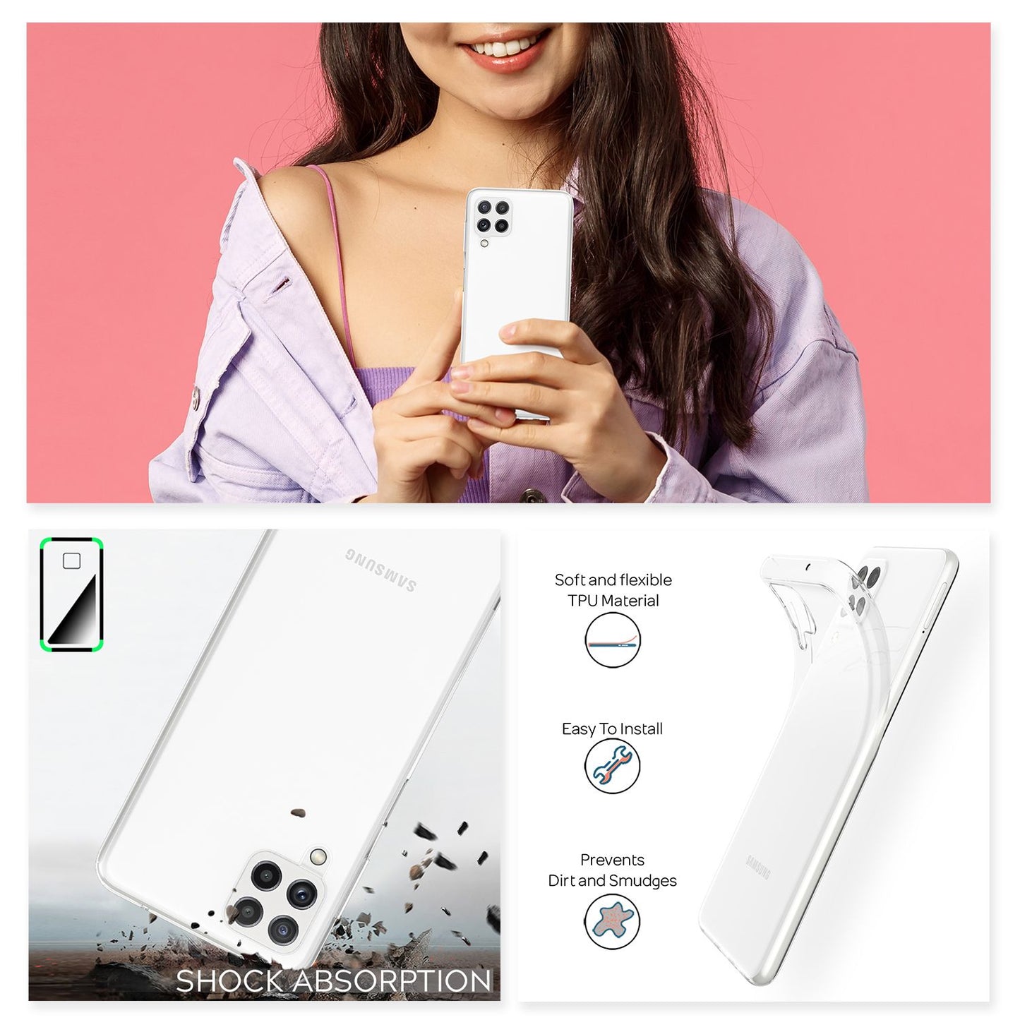 NALIA Clear Silicone Phone Case for Samsung Galaxy A22, Transparent Cover Case