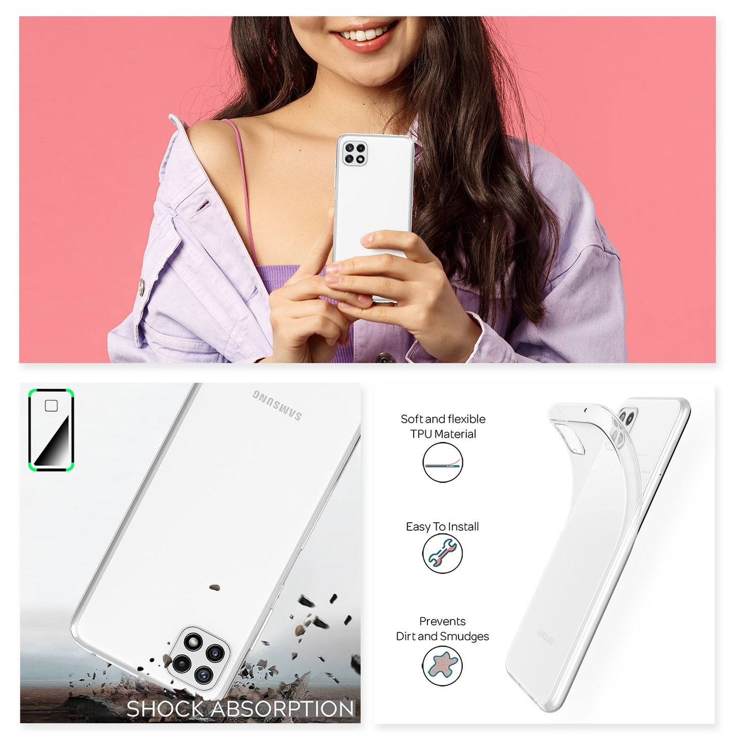 NALIA sílikon símahulstur fyrir Samsung Galaxy A22 5G, gegnsætt hulstur