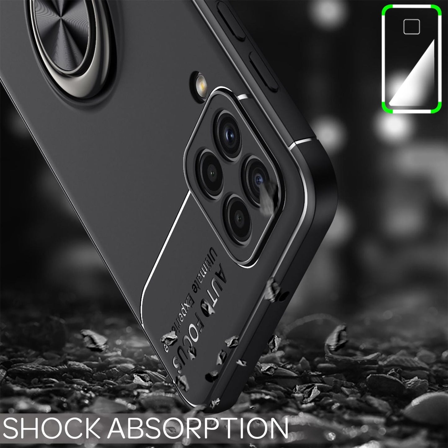 NALIA Matt-Schwarze Ringhülle für Samsung Galaxy A22, 360° Ring für Standfunktion