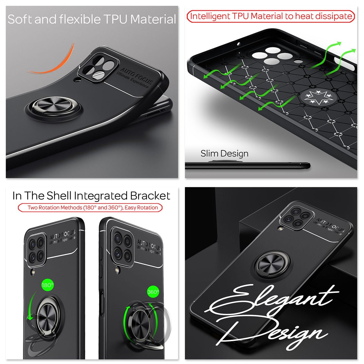 NALIA Matt-Schwarze Ringhülle für Samsung Galaxy A22, 360° Ring für Standfunktion