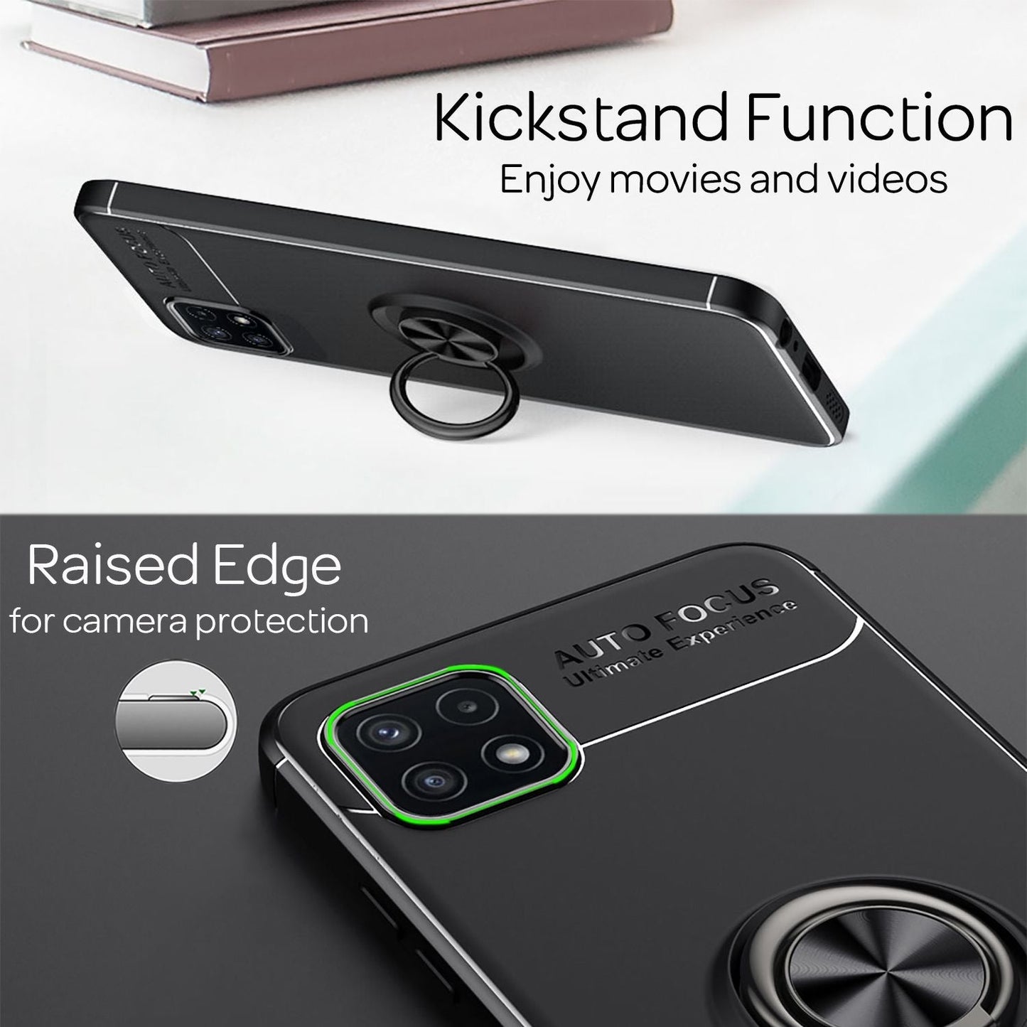 NALIA Matt-Schwarze Ringhülle für Samsung Galaxy A22 5G, 360° Ring Standfunktion