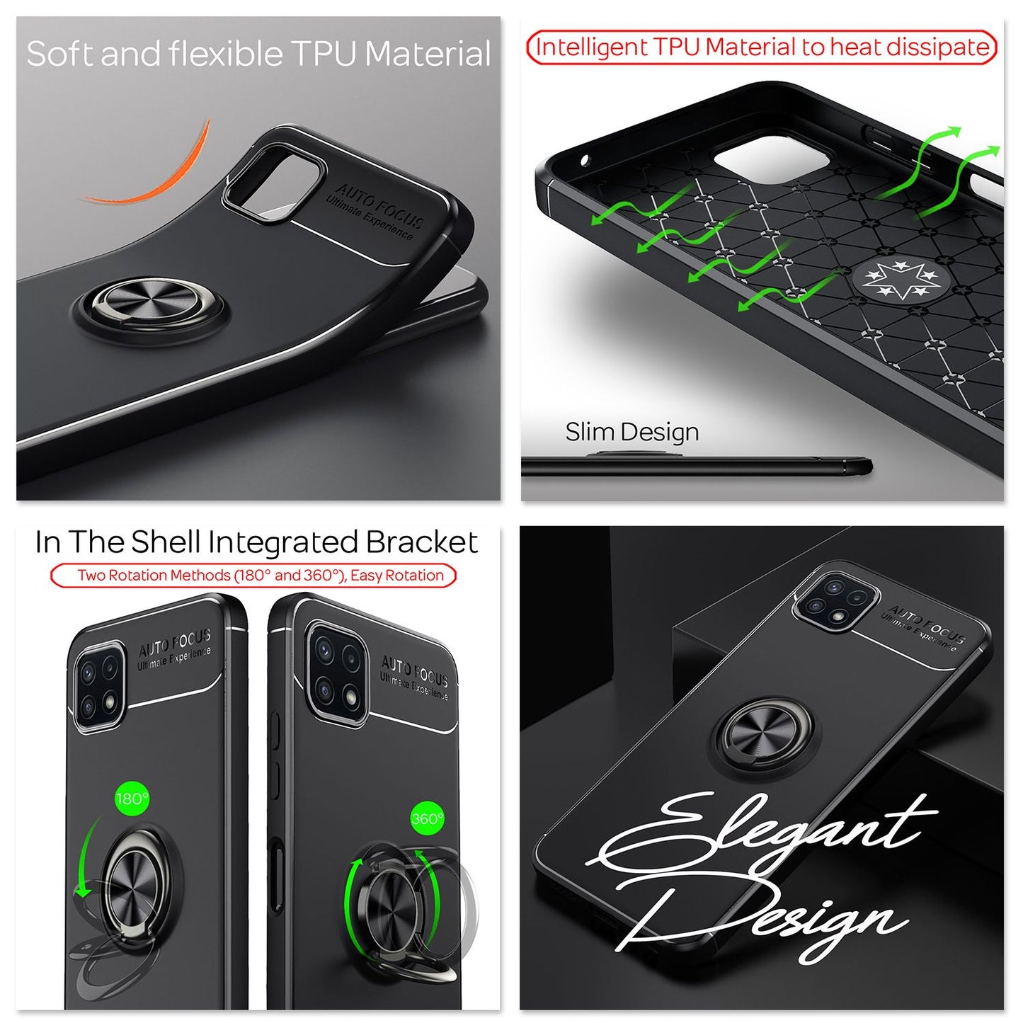 NALIA Matt-Schwarze Ringhülle für Samsung Galaxy A22 5G, 360° Ring Standfunktion