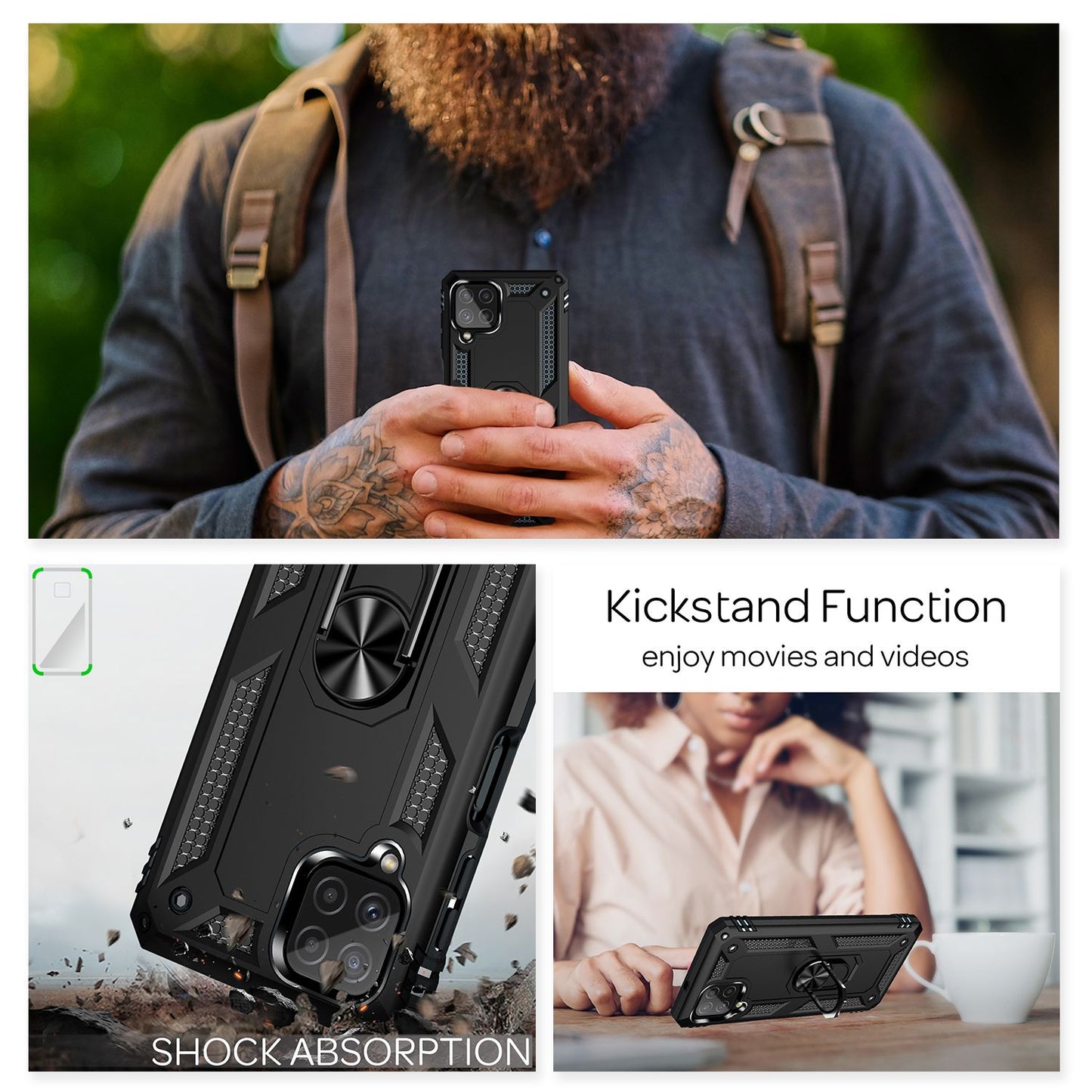 NALIA hernaðarstíls hringhulstur fyrir Samsung Galaxy A22, einstaklega verndandi og höggþolið