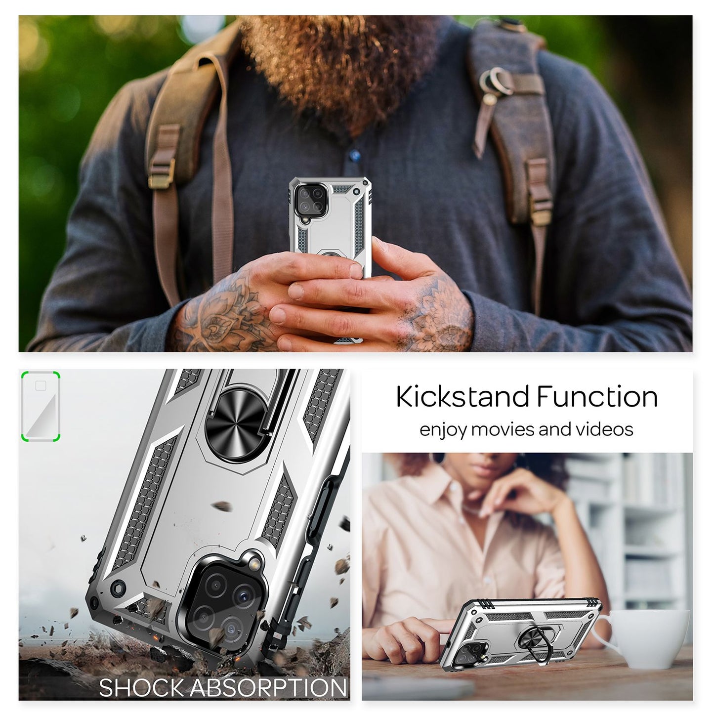 NALIA hernaðarstíls hringhulstur fyrir Samsung Galaxy A22, einstaklega verndandi og höggþolið