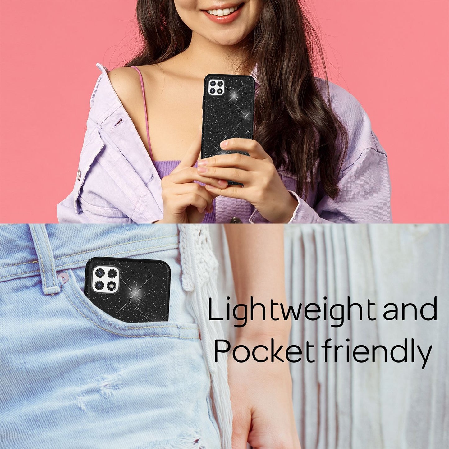 NALIA Sterkt glitrandi hulstur fyrir Samsung Galaxy A22 5G, höggþolið, glansandi, styrkt sílikonhulstur