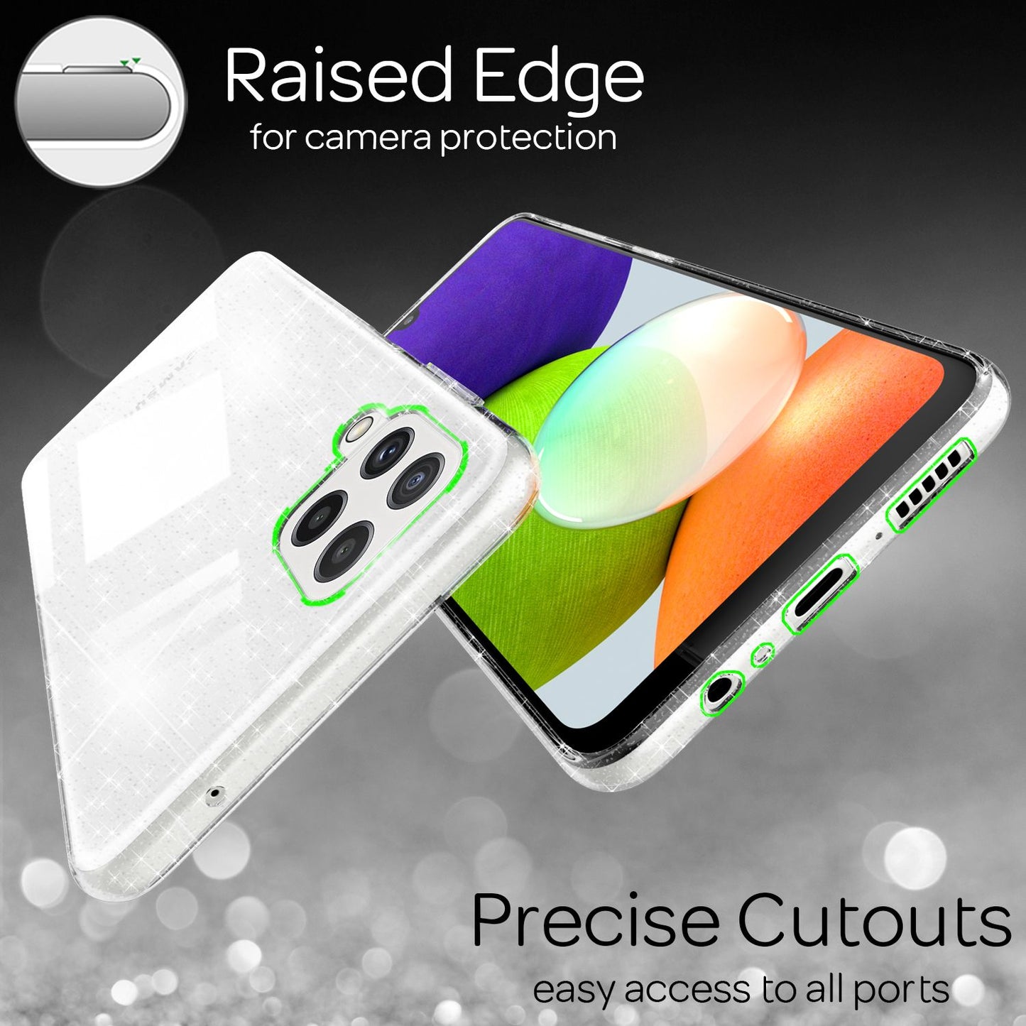 NALIA Glært glitrandi hulstur fyrir Samsung Galaxy A22, gegnsætt, ekki gulnandi glitrandi hulstur