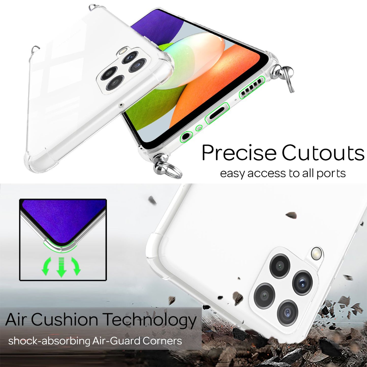 NALIA símahulstur með keðju fyrir Samsung Galaxy A22, gegnsætt verndarhulstur og símasnúra, sterkt, gulnar ekki, gegnsætt