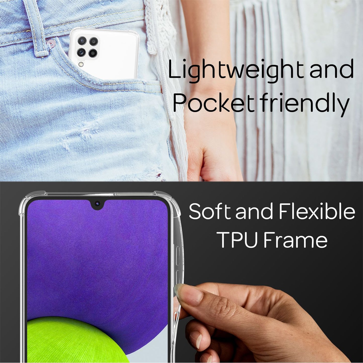 NALIA símahulstur með keðju fyrir Samsung Galaxy A22, gegnsætt verndarhulstur og símasnúra, sterkt, gulnar ekki, gegnsætt