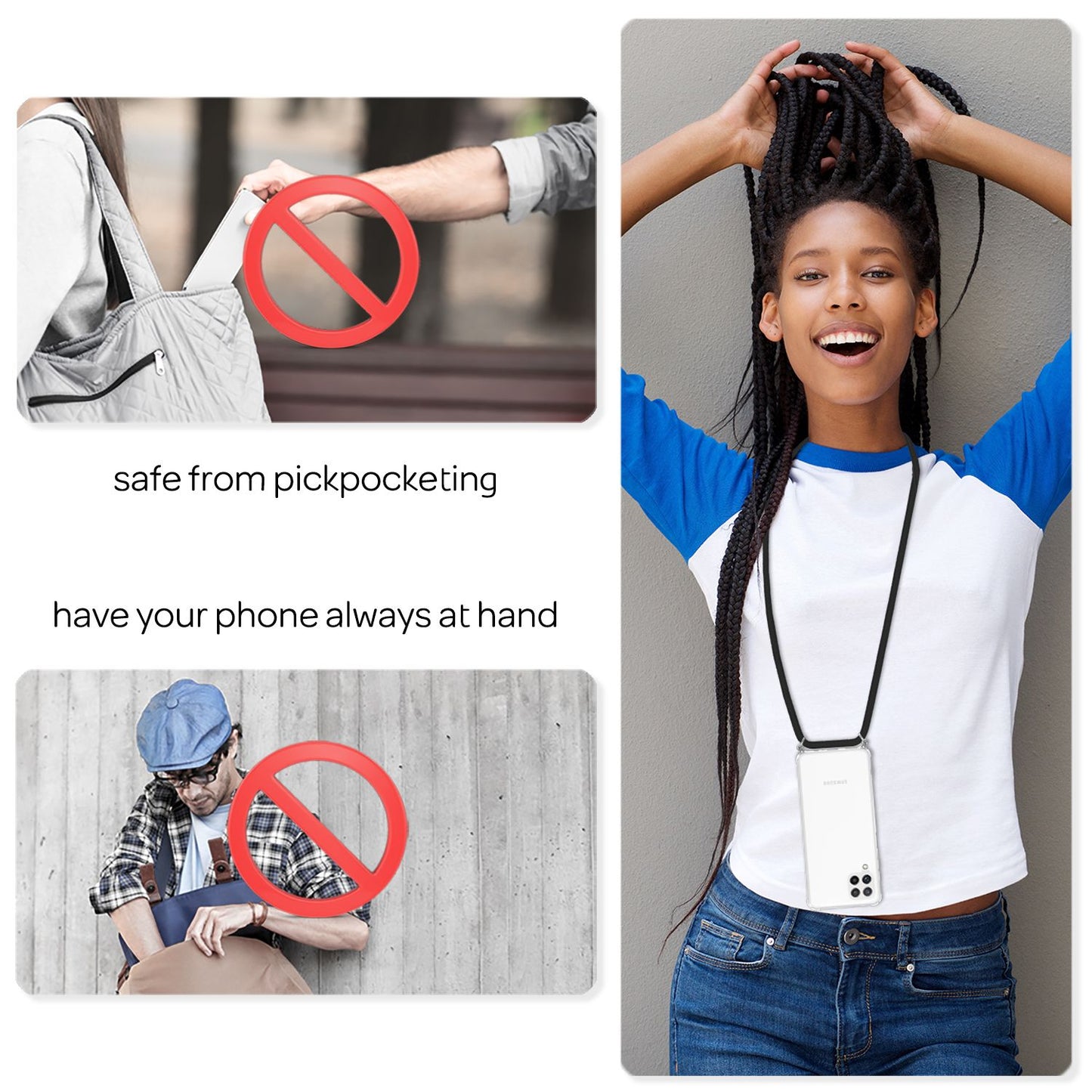 NALIA símahulstur með keðju fyrir Samsung Galaxy A22, gegnsætt verndarhulstur og símasnúra, sterkt, gulnar ekki, gegnsætt