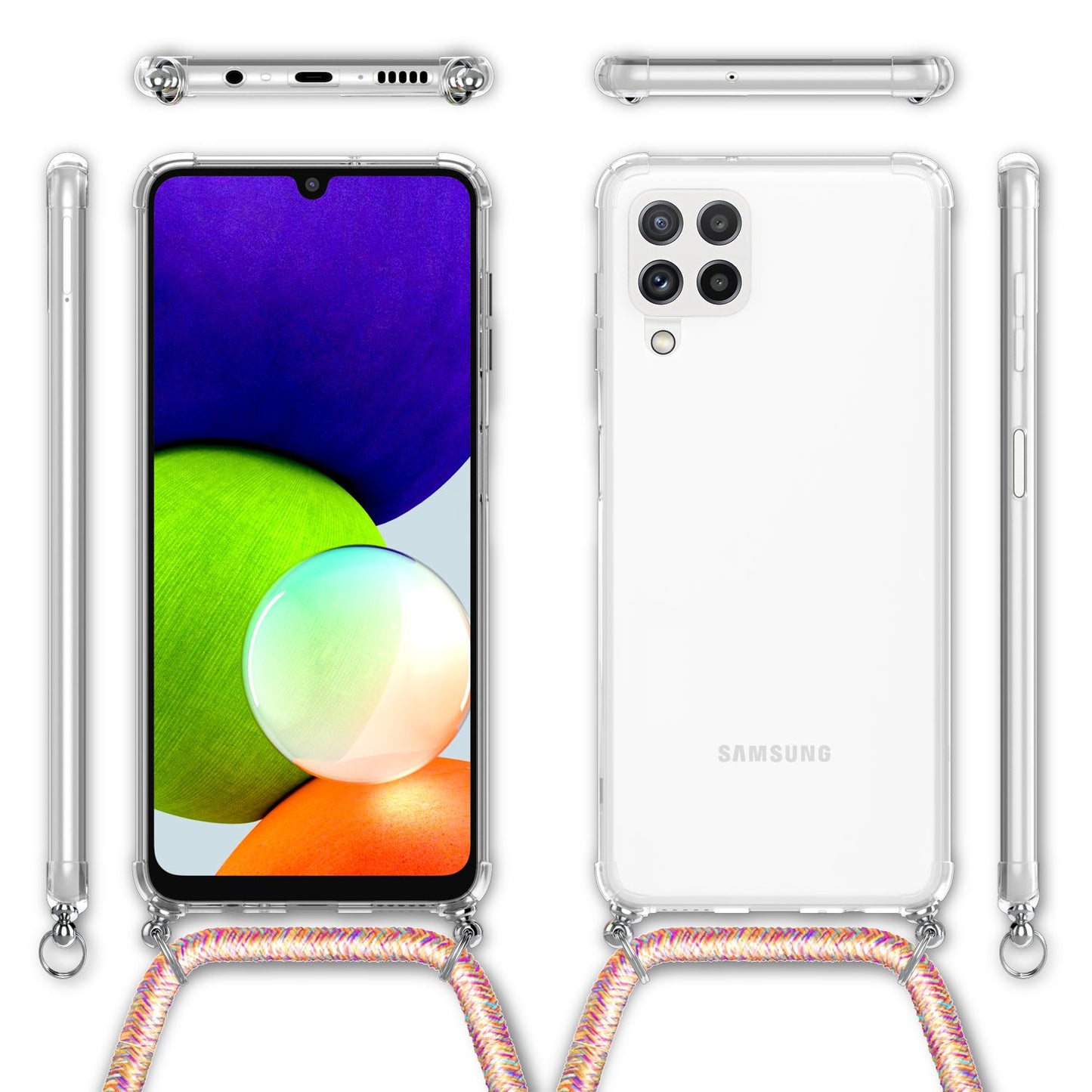 NALIA símahulstur með keðju fyrir Samsung Galaxy A22, gegnsætt verndarhulstur og símasnúra, sterkt, gulnar ekki, gegnsætt