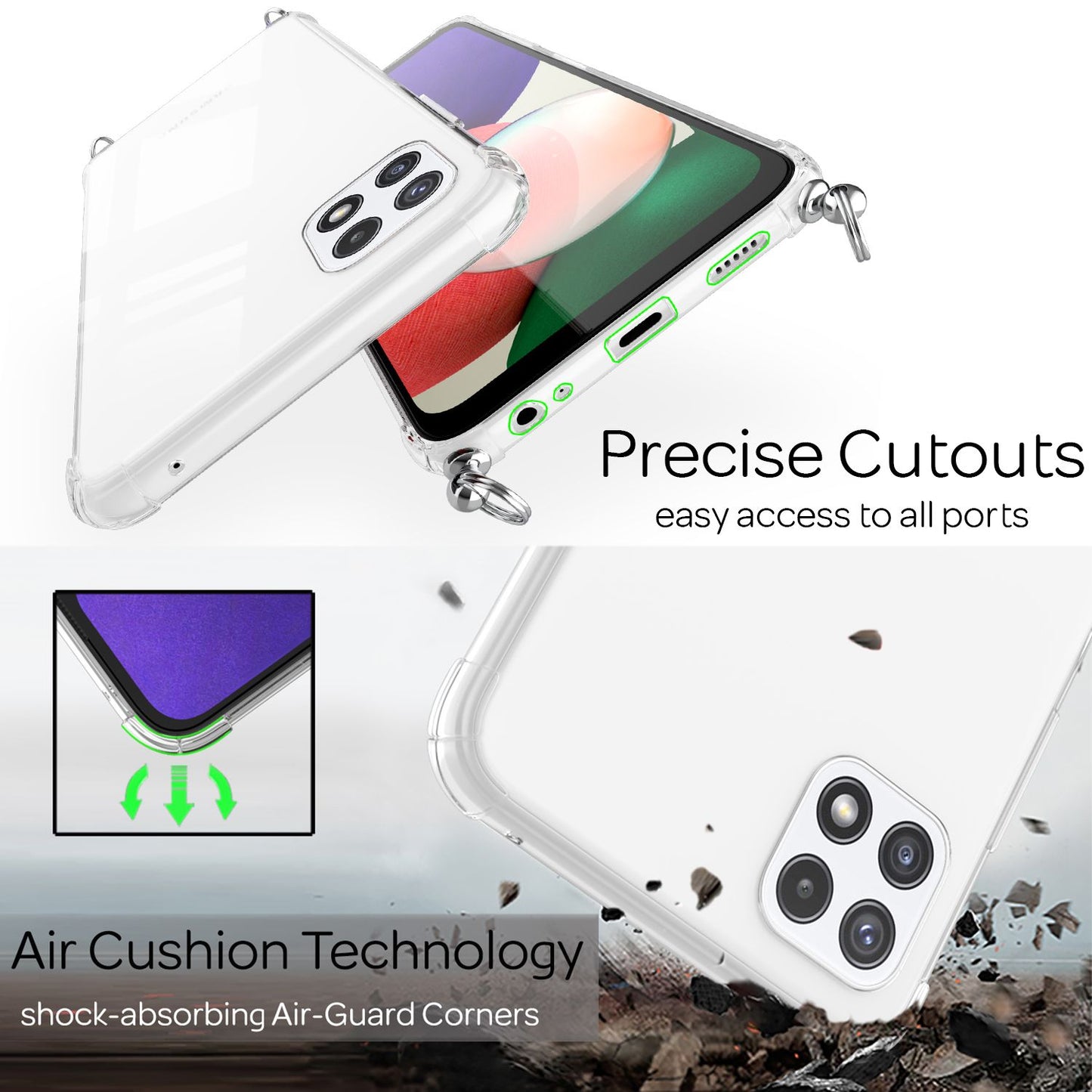 NALIA símahulstur með keðju fyrir Samsung Galaxy A22 5G, gegnsætt verndarhulstur og símasnúra, sterkt