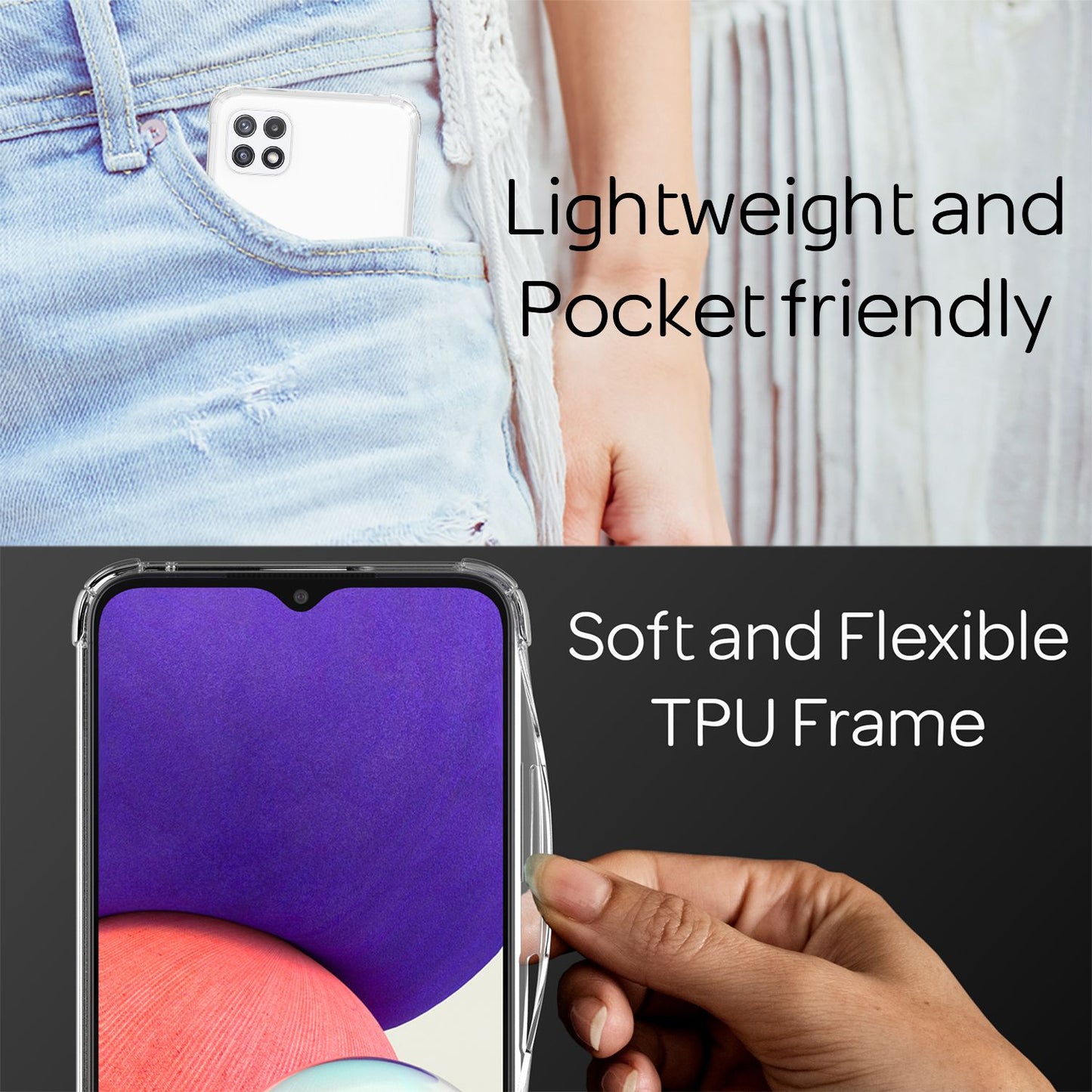 NALIA símahulstur með keðju fyrir Samsung Galaxy A22 5G, gegnsætt verndarhulstur og símasnúra, sterkt