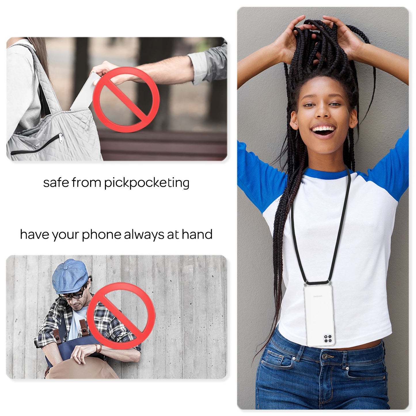 NALIA símahulstur með keðju fyrir Samsung Galaxy A22 5G, gegnsætt verndarhulstur og símasnúra, sterkt