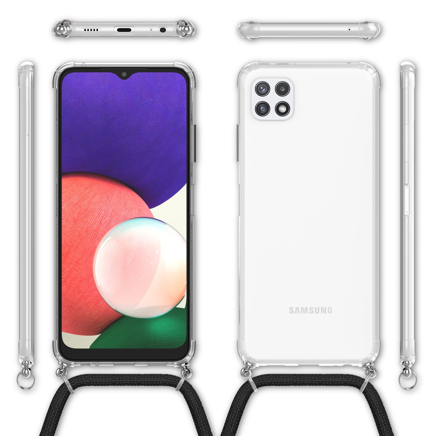 NALIA símahulstur með keðju fyrir Samsung Galaxy A22 5G, gegnsætt verndarhulstur og símasnúra, sterkt