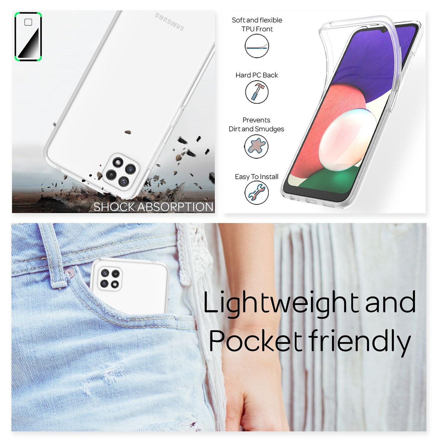 NALIA gegnsætt 360° verndarhulstur fyrir Samsung Galaxy A22 5G, gegnsætt og með fullri vörn, hörðu hulstri og sílikon stuðara