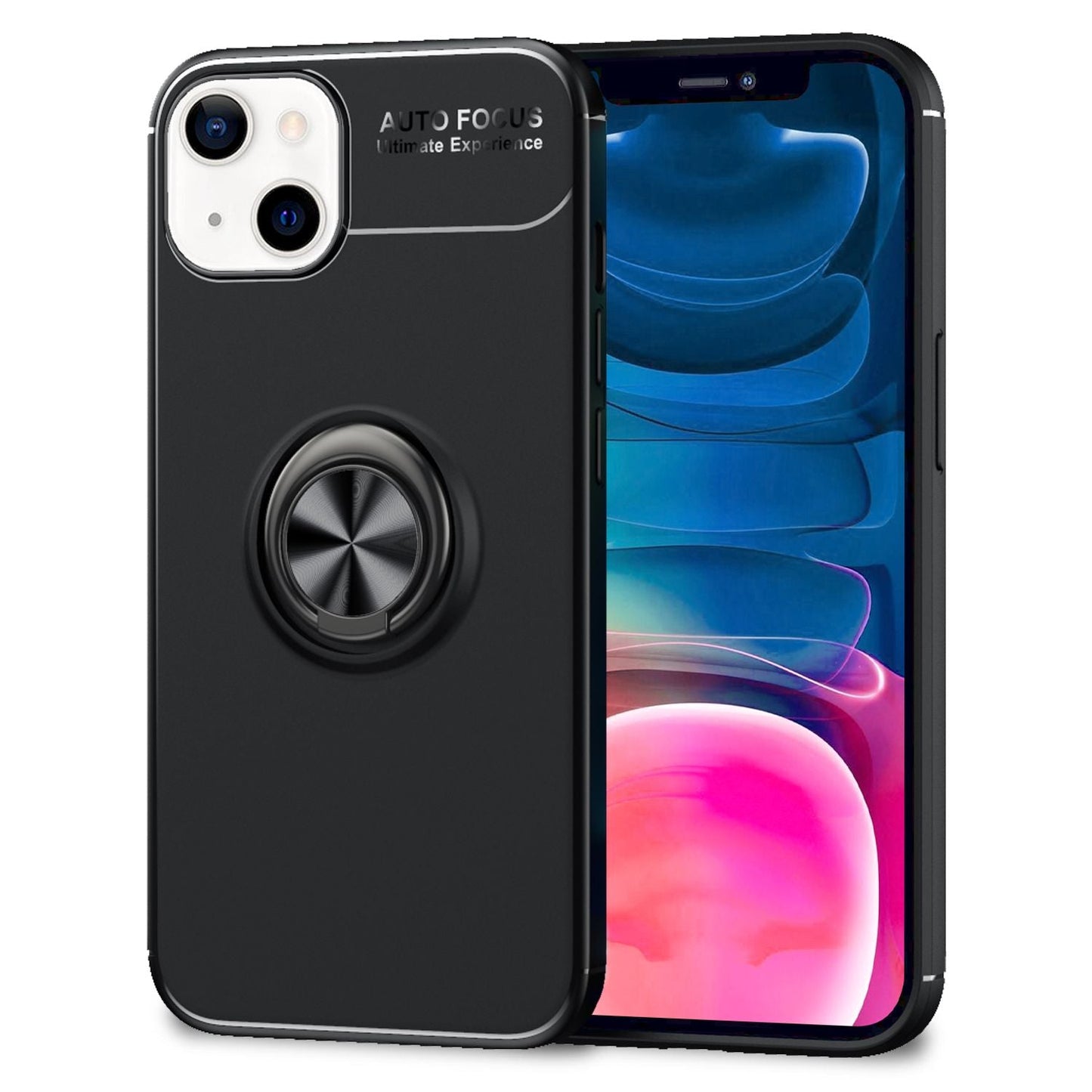 NALIA Black Phone Case for iPhone 13 Mini, 360° Ring Cover Case with Kickstand