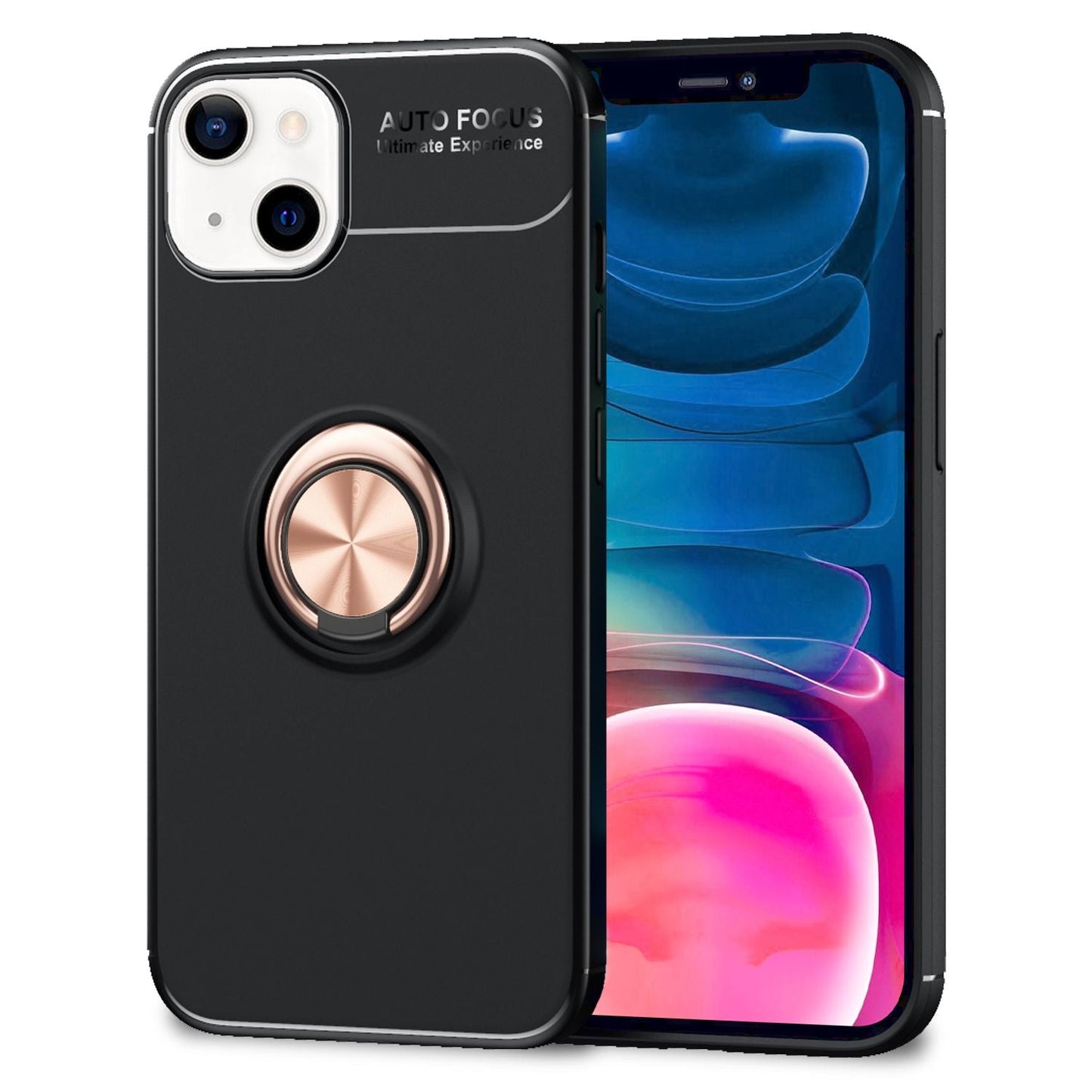 NALIA Black Phone Case for iPhone 13 Mini, 360° Ring Cover Case with Kickstand