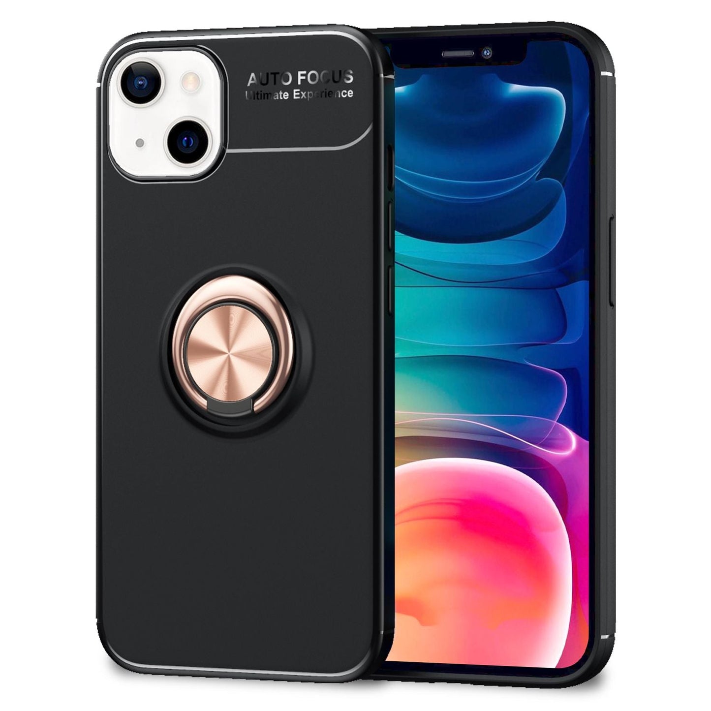 NALIA Schwarze Handy Hülle für iPhone 13, 360° Ring Case Bumper Kickstand Cover