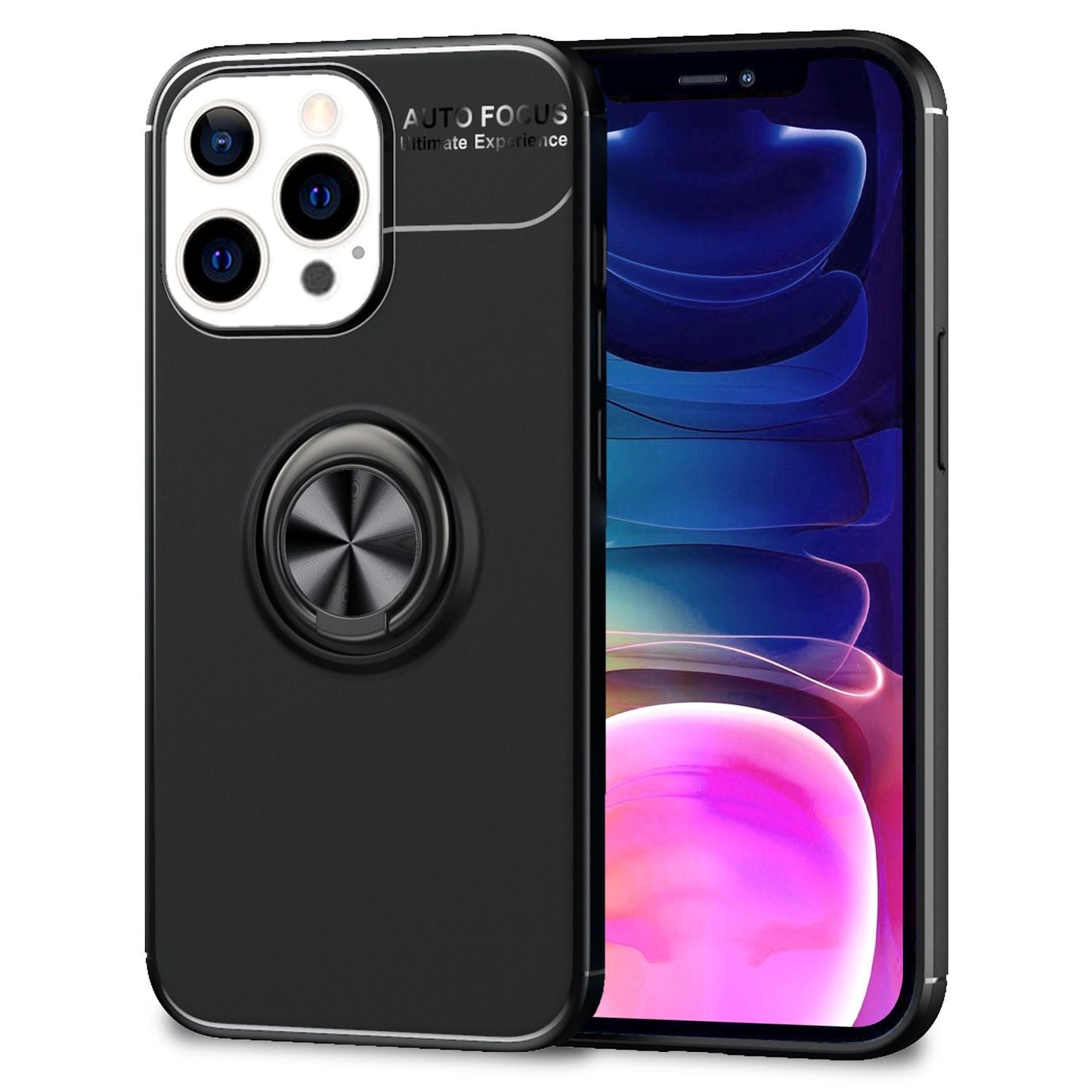 NALIA Black Phone Case for iPhone 13 Pro Max, 360° Ring Case Kickstand Cover