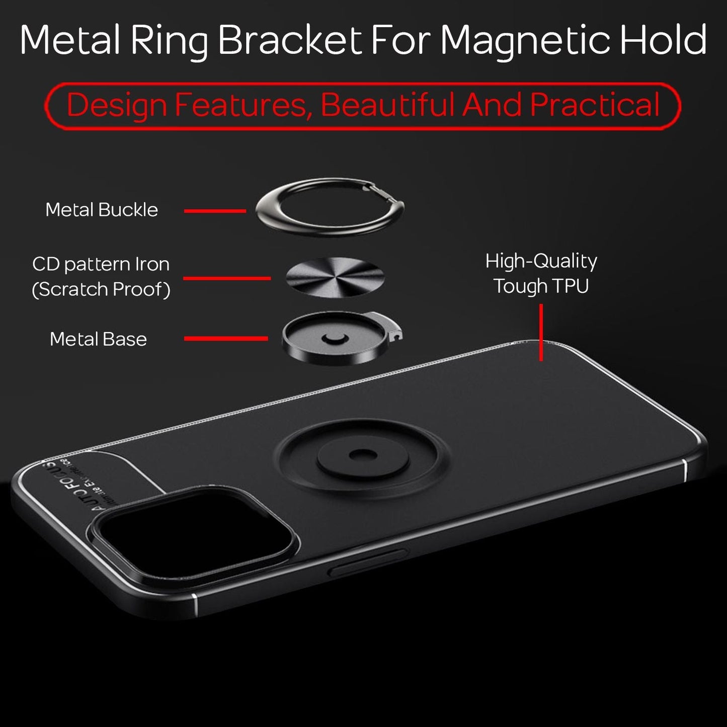 NALIA Black Phone Case for iPhone 13 Pro Max, 360° Ring Case Kickstand Cover