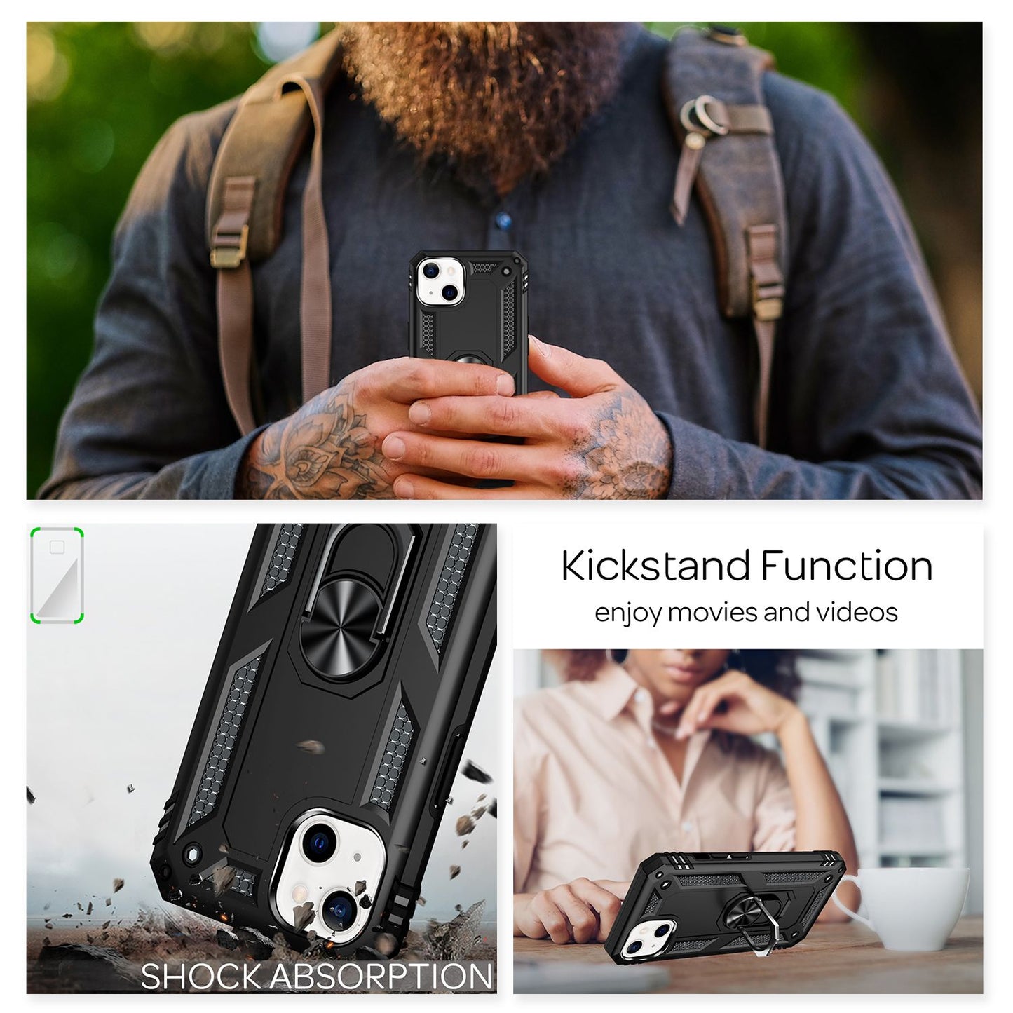 NALIA Ring Case fyrir iPhone 13 Mini, hart hulstur með sílikonhlíf fyrir stuðara