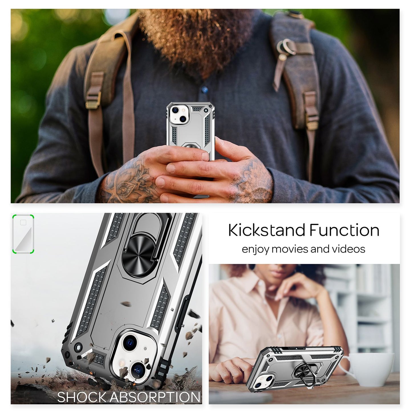 NALIA Ring Case fyrir iPhone 13 Mini, hart hulstur með sílikonhlíf fyrir stuðara