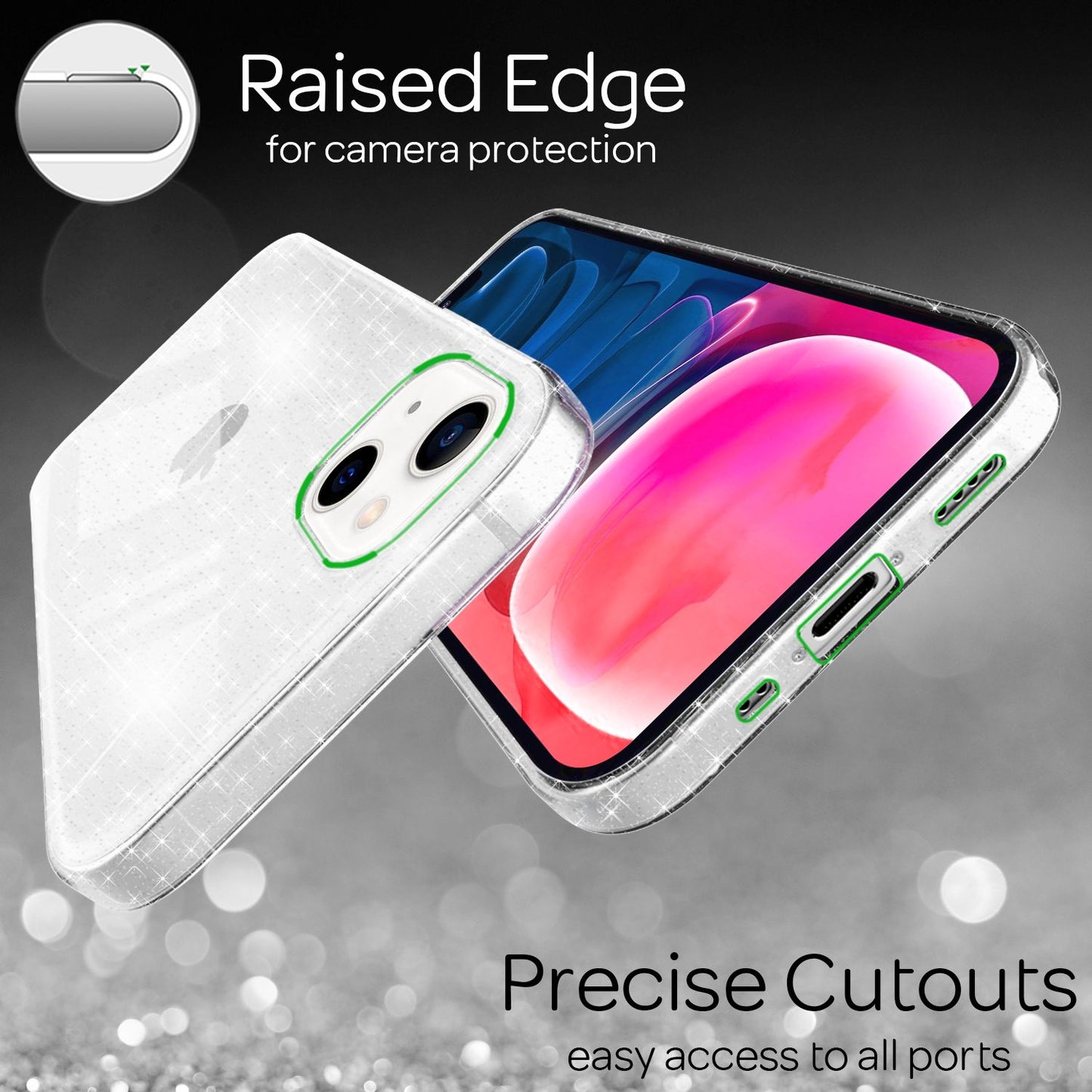 NALIA glitrandi hulstur fyrir iPhone 13 Mini, gegnsætt glitrandi símahulstur