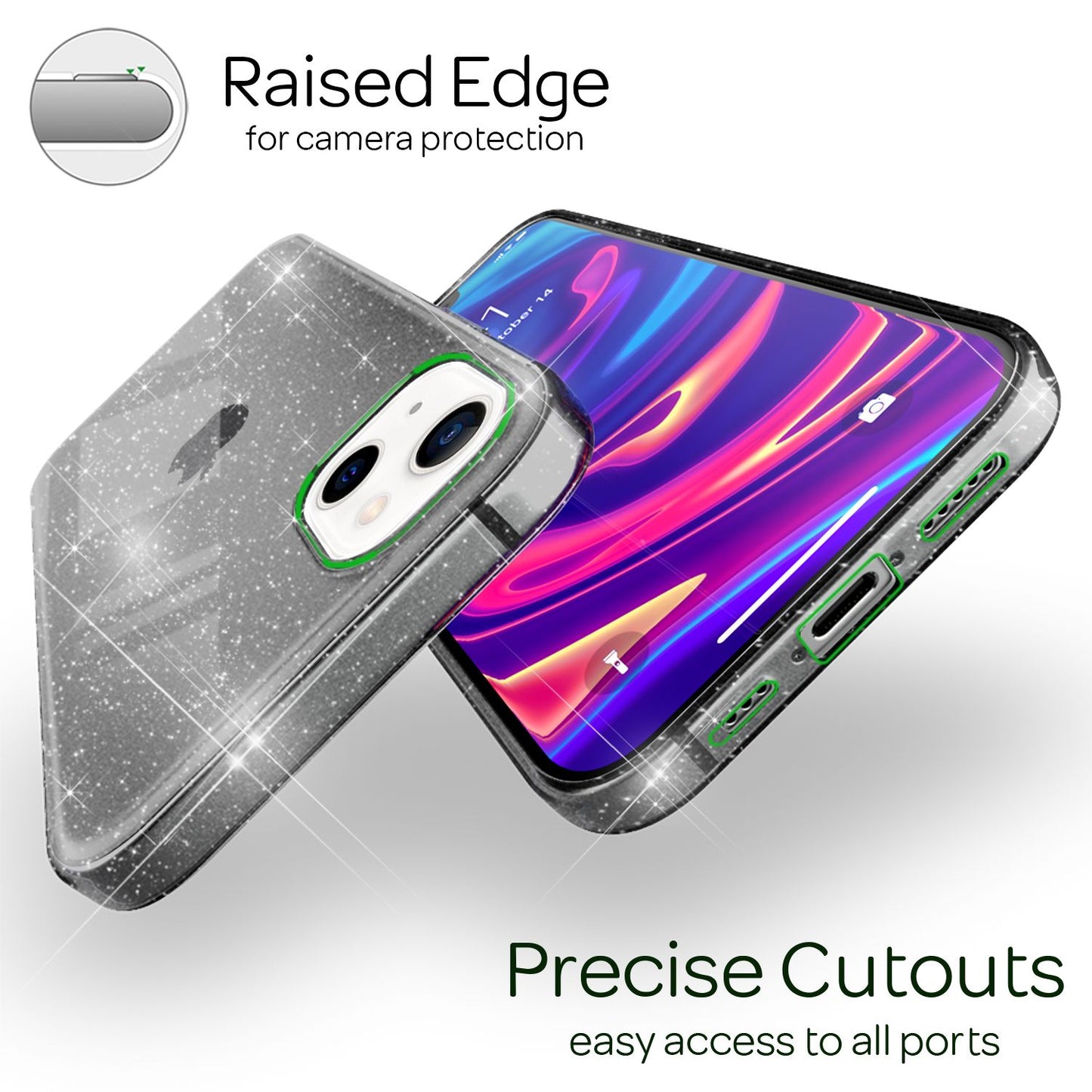 NALIA glitrandi hulstur fyrir iPhone 13 Mini, gegnsætt glitrandi símahulstur