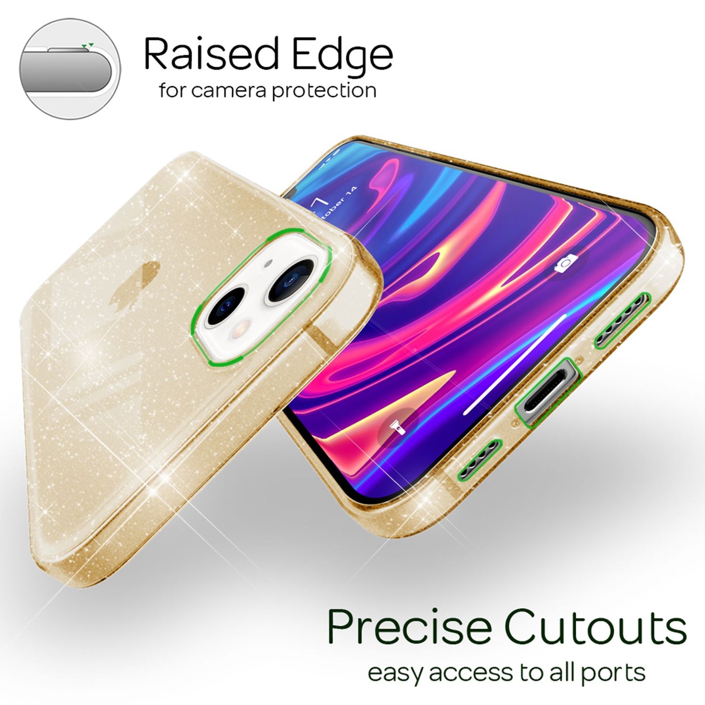 NALIA glitrandi hulstur fyrir iPhone 13 Mini, gegnsætt glitrandi símahulstur