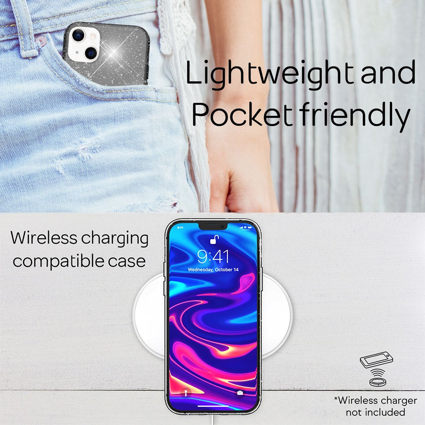 NALIA glitrandi hulstur fyrir iPhone 13 Mini, gegnsætt glitrandi símahulstur